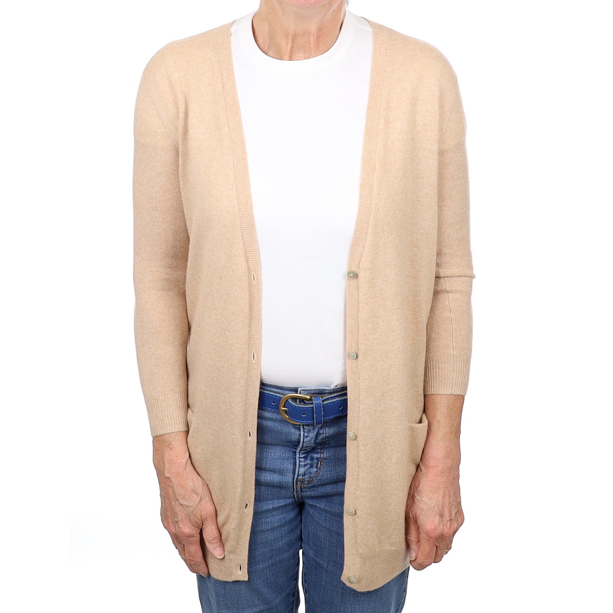 Soft Caramel Cashmere Longline V Neck Cardigan with Pockets Medium