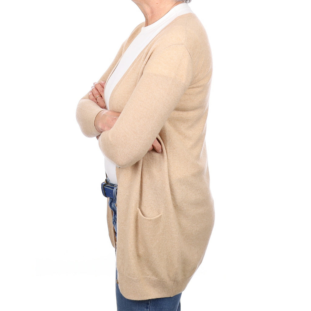 Soft Caramel Cashmere Longline V Neck Cardigan with Pockets Medium