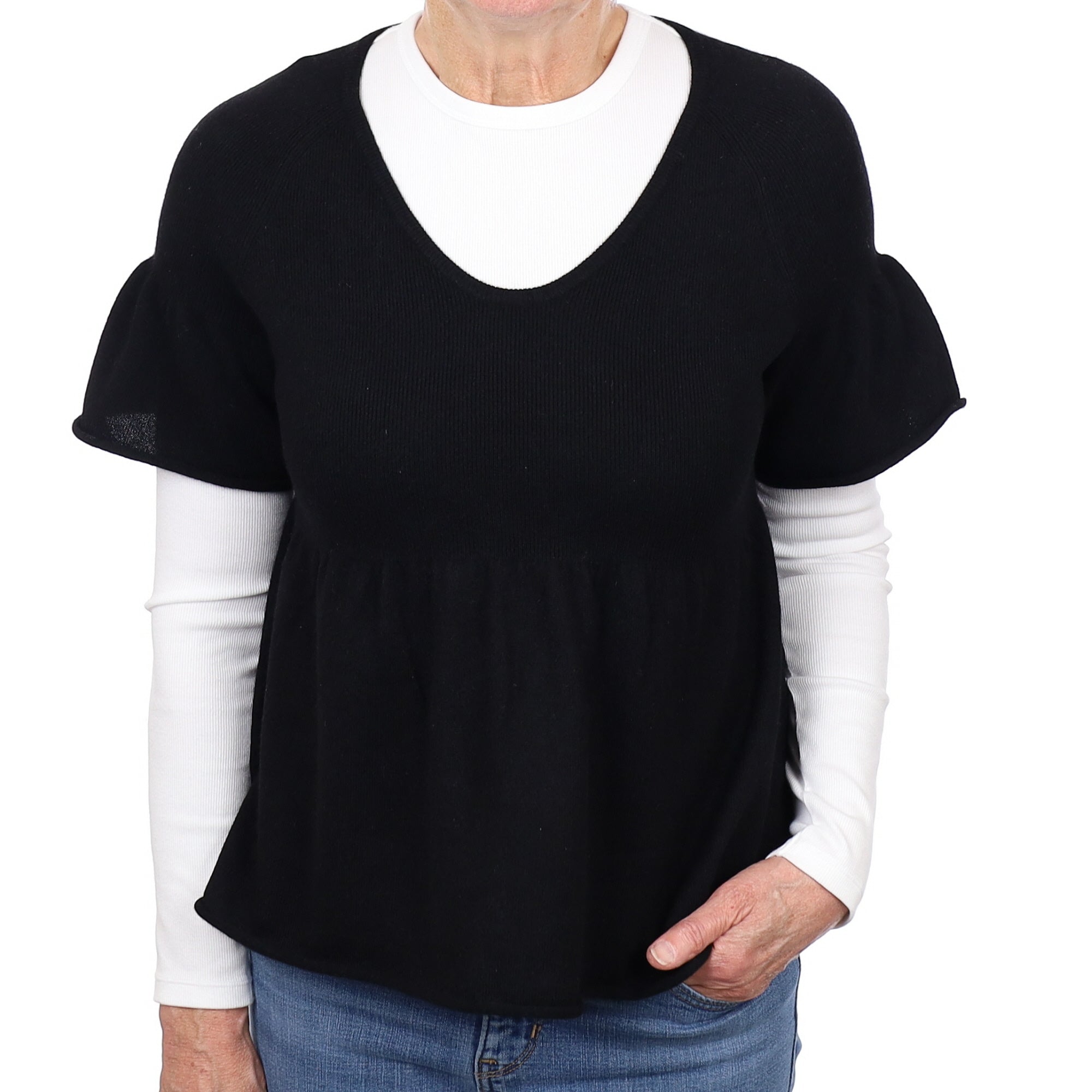 Black Empire Line Cashmere Short Sleeve V Neck Jumper Medium