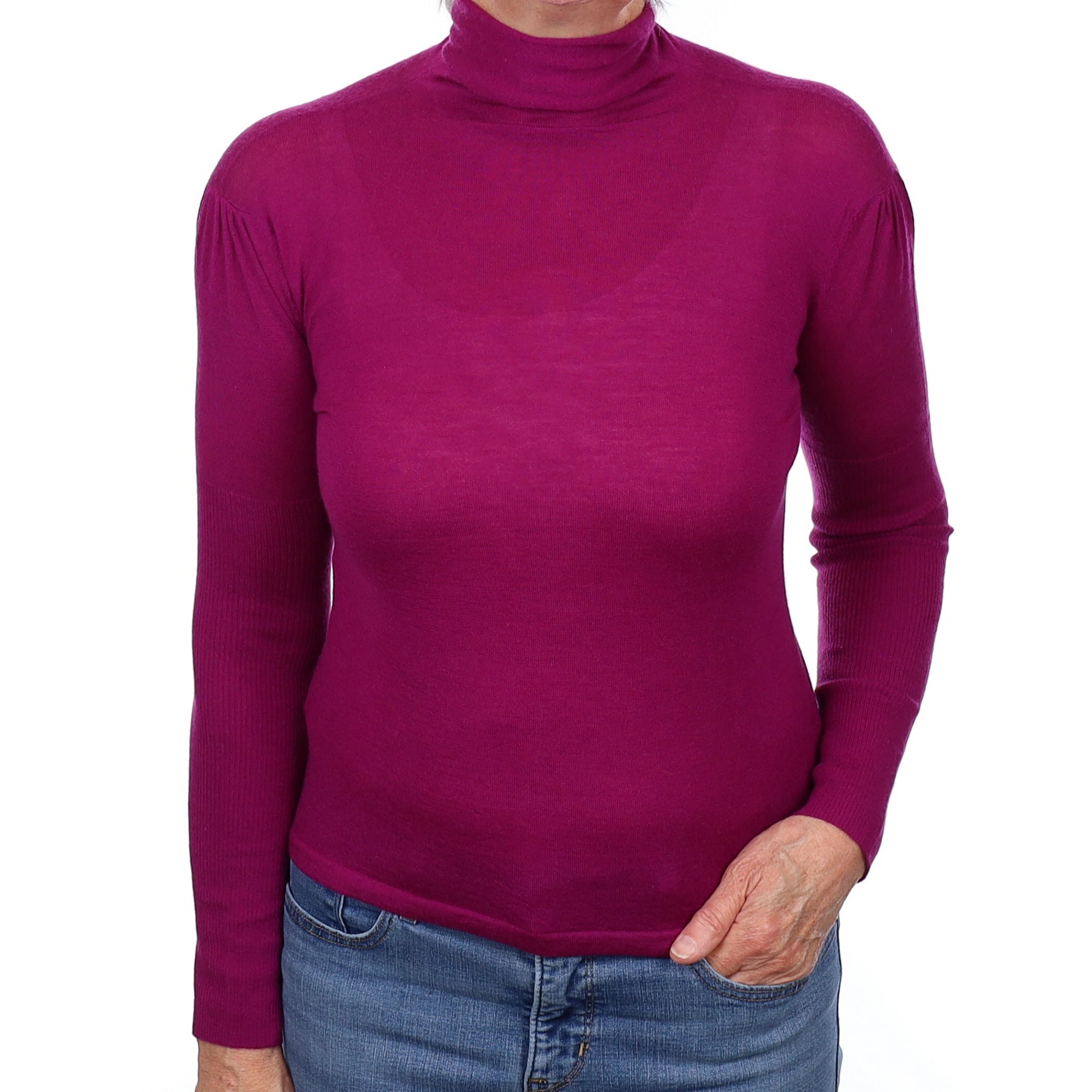 Brand New Magenta Fine Knit Cashmere Polo Neck Jumper Medium