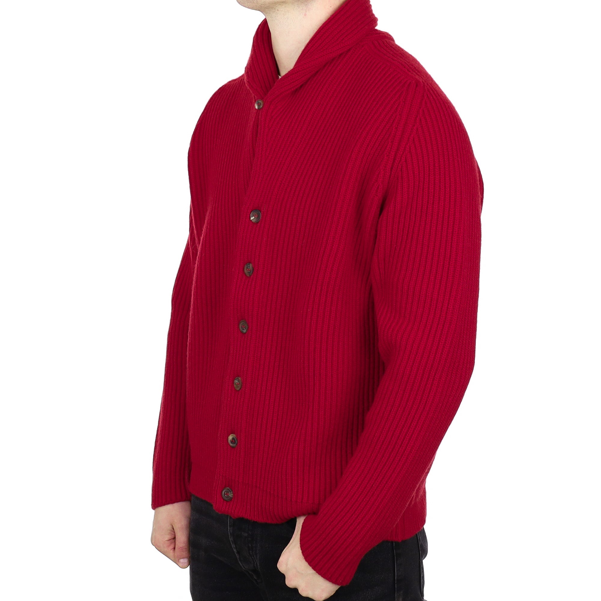 Men’s Begg & Co Scottish Post Box Red Ribbed Shawl Collar Cardigan XL
