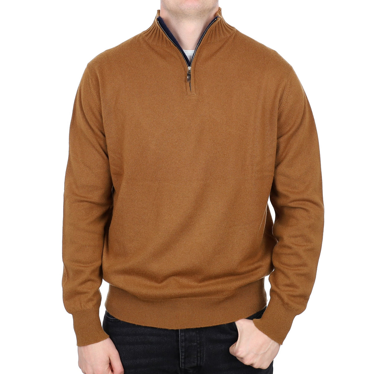 Men's William & Son Scottish Cinnamon Brown Cashmere Quarter Zip Jumper XXL
