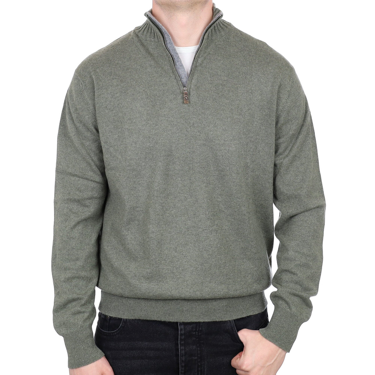 Men's Scottish William & Sons Sage Green Cashmere Quarter Zip Jumper XL