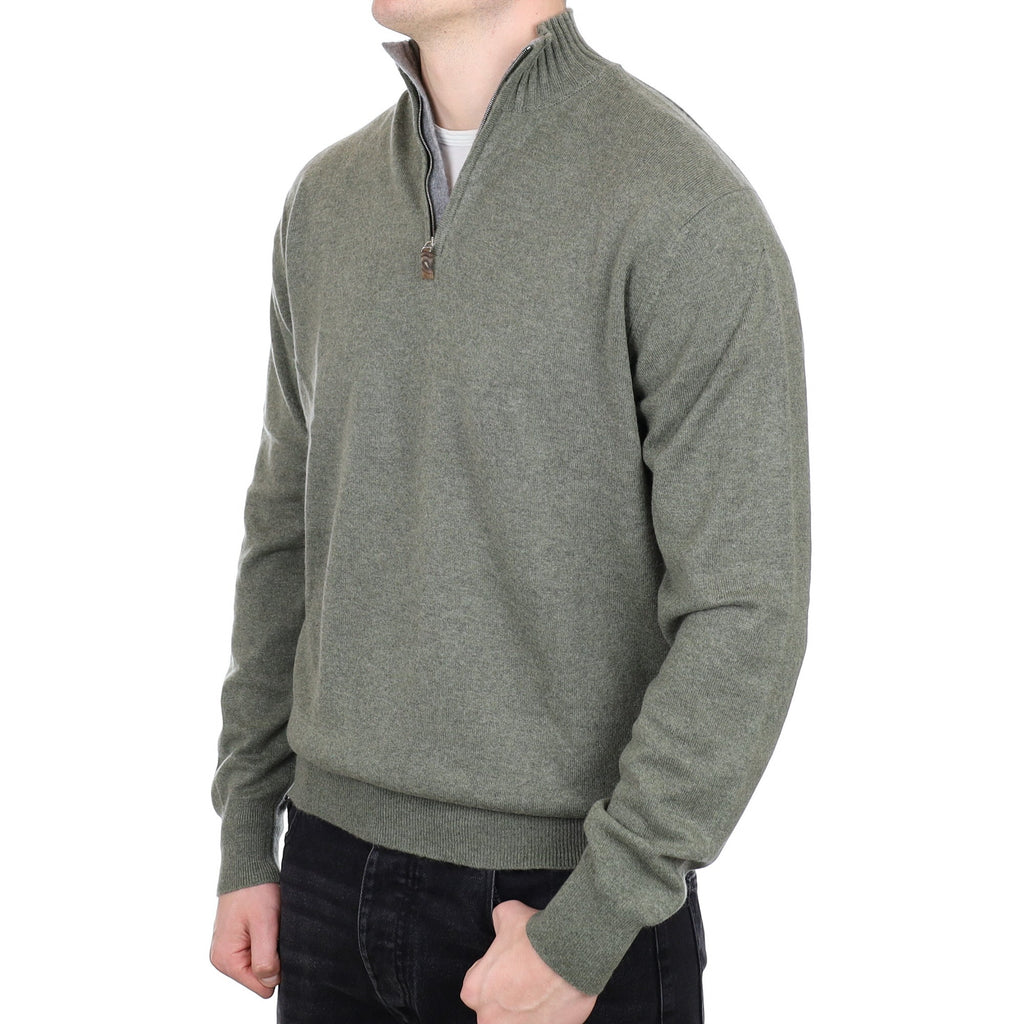 Men's Scottish William & Sons Sage Green Cashmere Quarter Zip Jumper XL