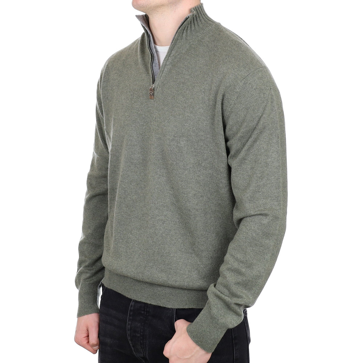 Men's Scottish William & Sons Sage Green Cashmere Quarter Zip Jumper XL