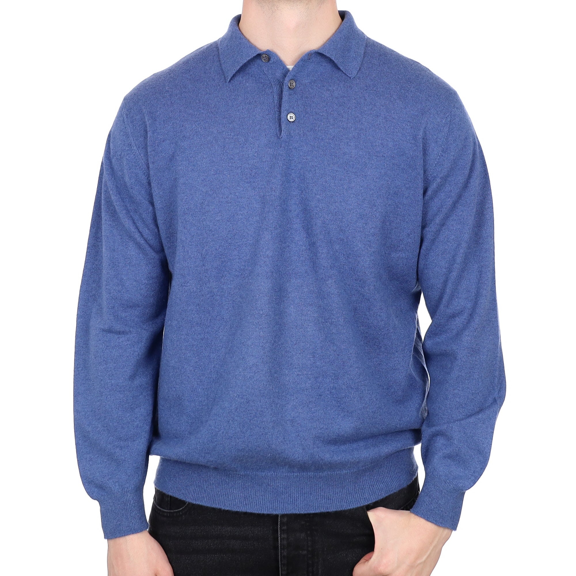 Men's Scottish William & Sons Denim Blue Cashmere Collard Quarter Button Jumper XL