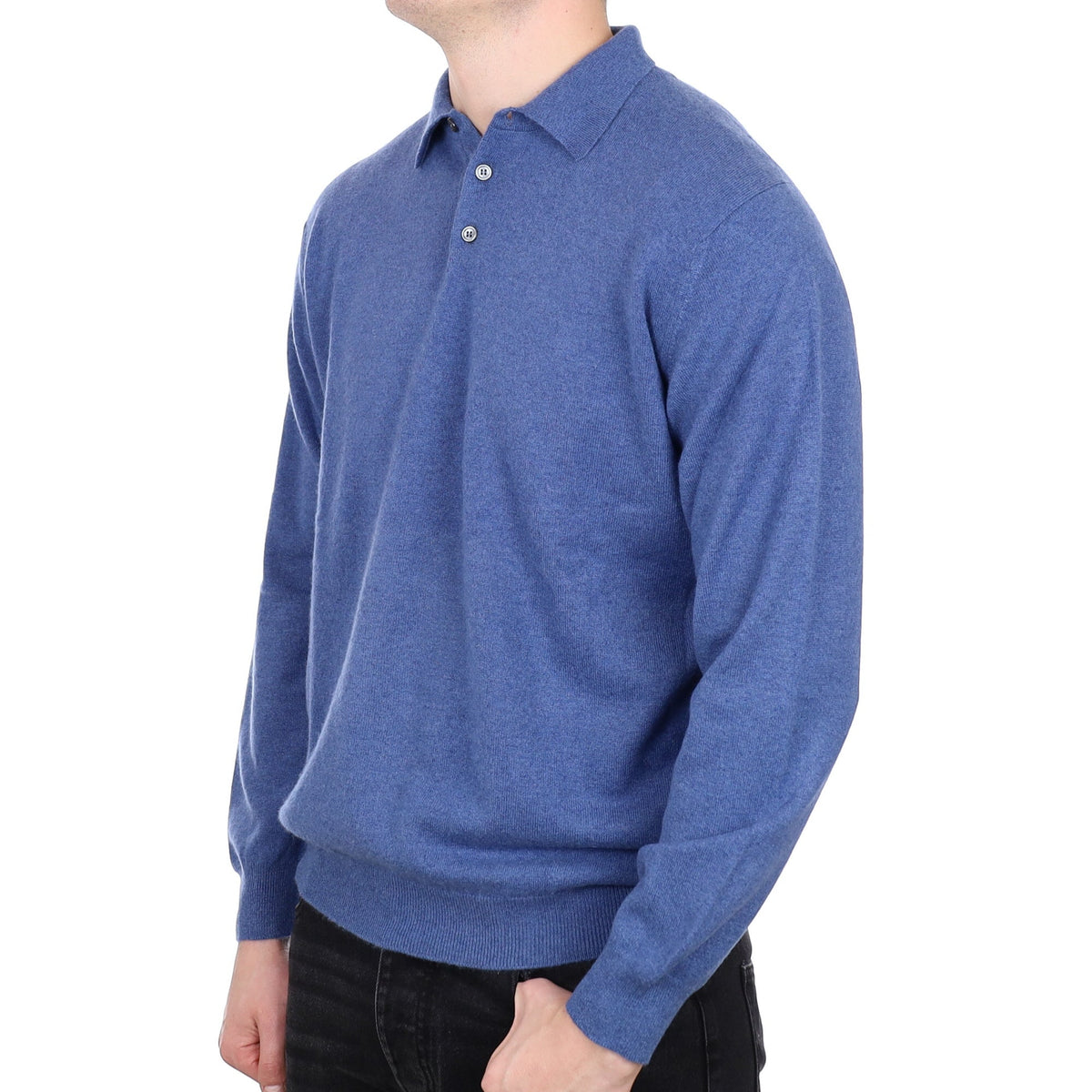 Men's Scottish William & Sons Denim Blue Cashmere Collard Quarter Button Jumper XL