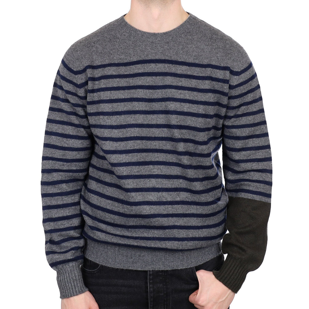 Men's Alex Begg Scottish Slate Grey Striped Cashmere Crew Neck Jumper XL
