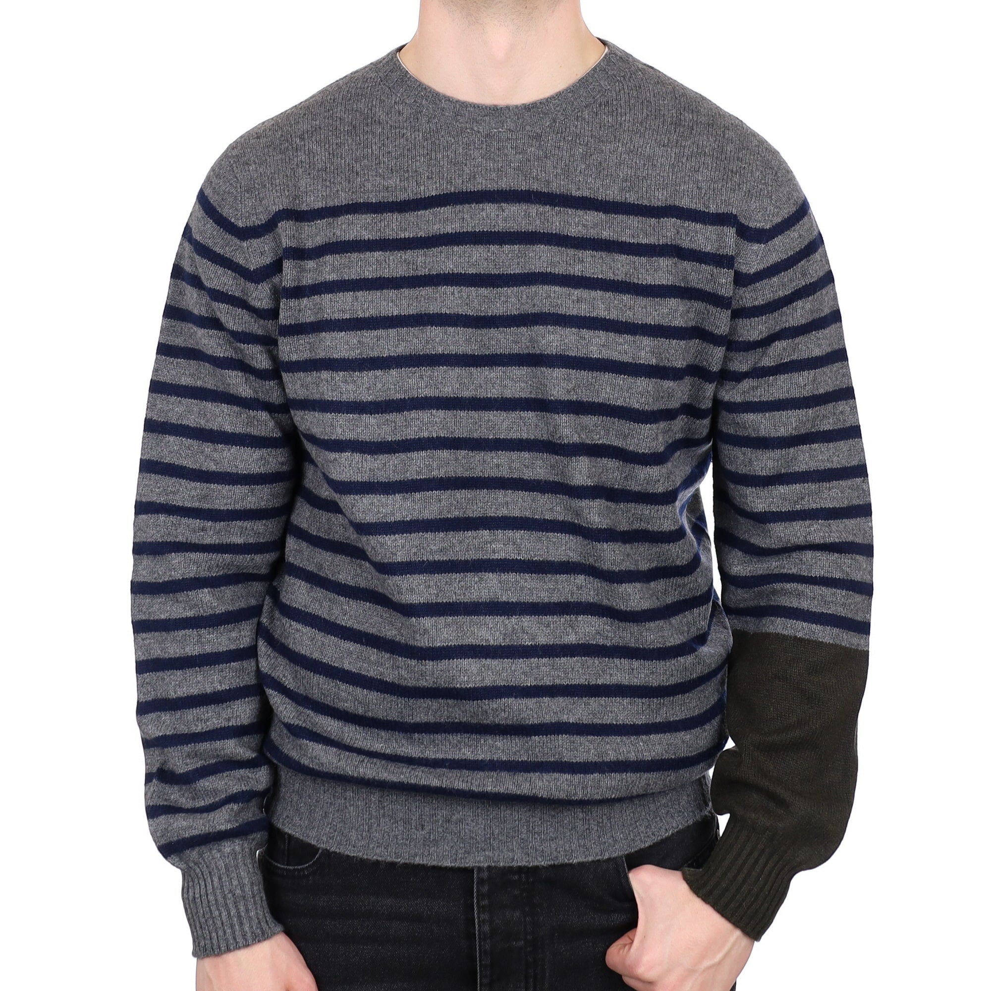 Men's Alex Begg Scottish Slate Grey Striped Cashmere Crew Neck Jumper XL