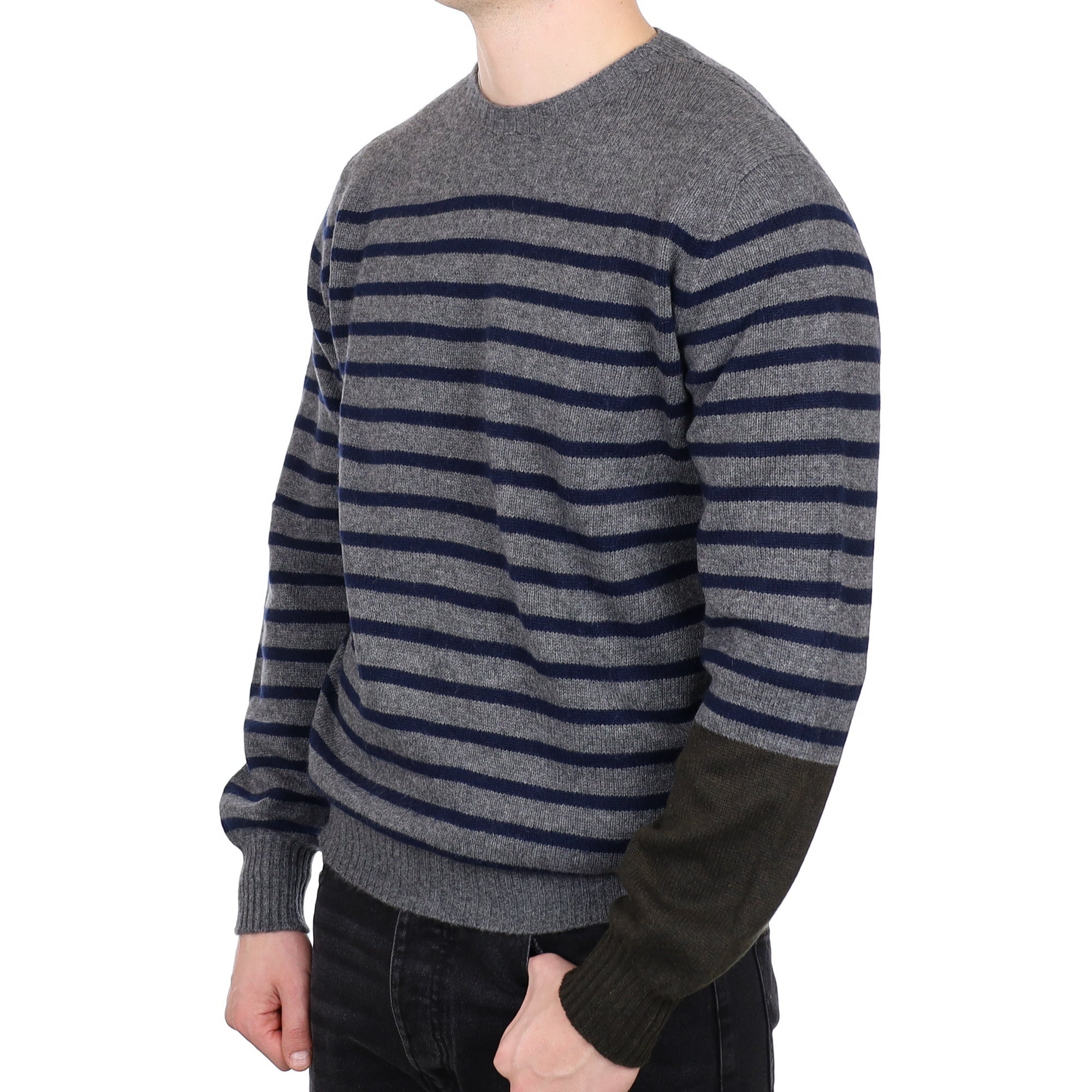 Men's Alex Begg Scottish Slate Grey Striped Cashmere Crew Neck Jumper XL