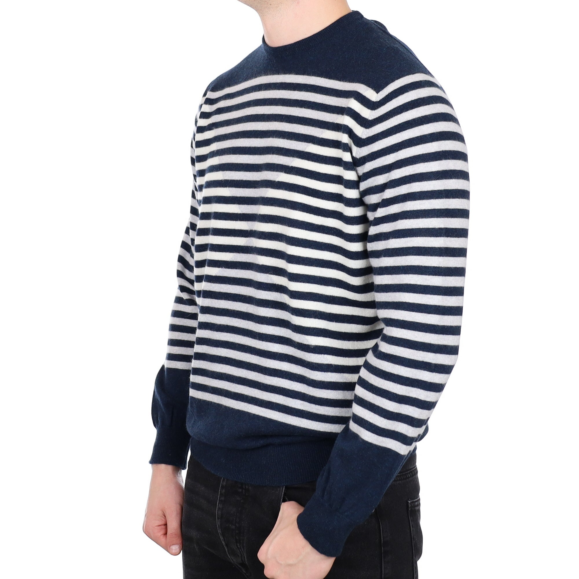 Men's Alex Begg Scottish Navy Striped Cashmere Crew Neck Jumper XL