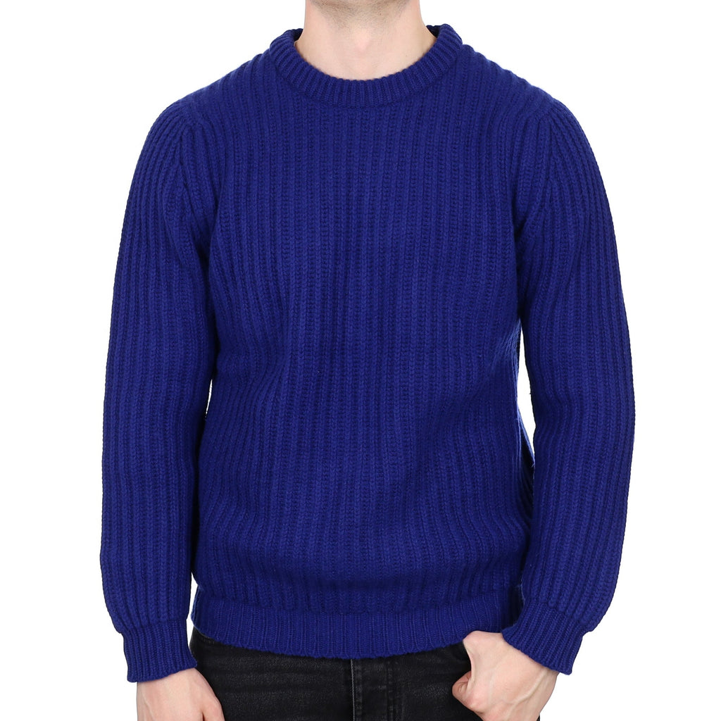 Men's Begg & Co Scottish Royal Blue Ribbed Cashmere Crew Neck Jumper XL
