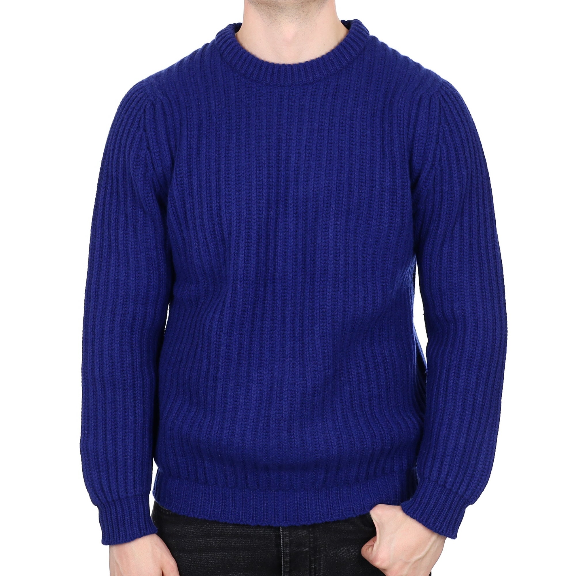 Men's Begg & Co Scottish Royal Blue Ribbed Cashmere Crew Neck Jumper XL