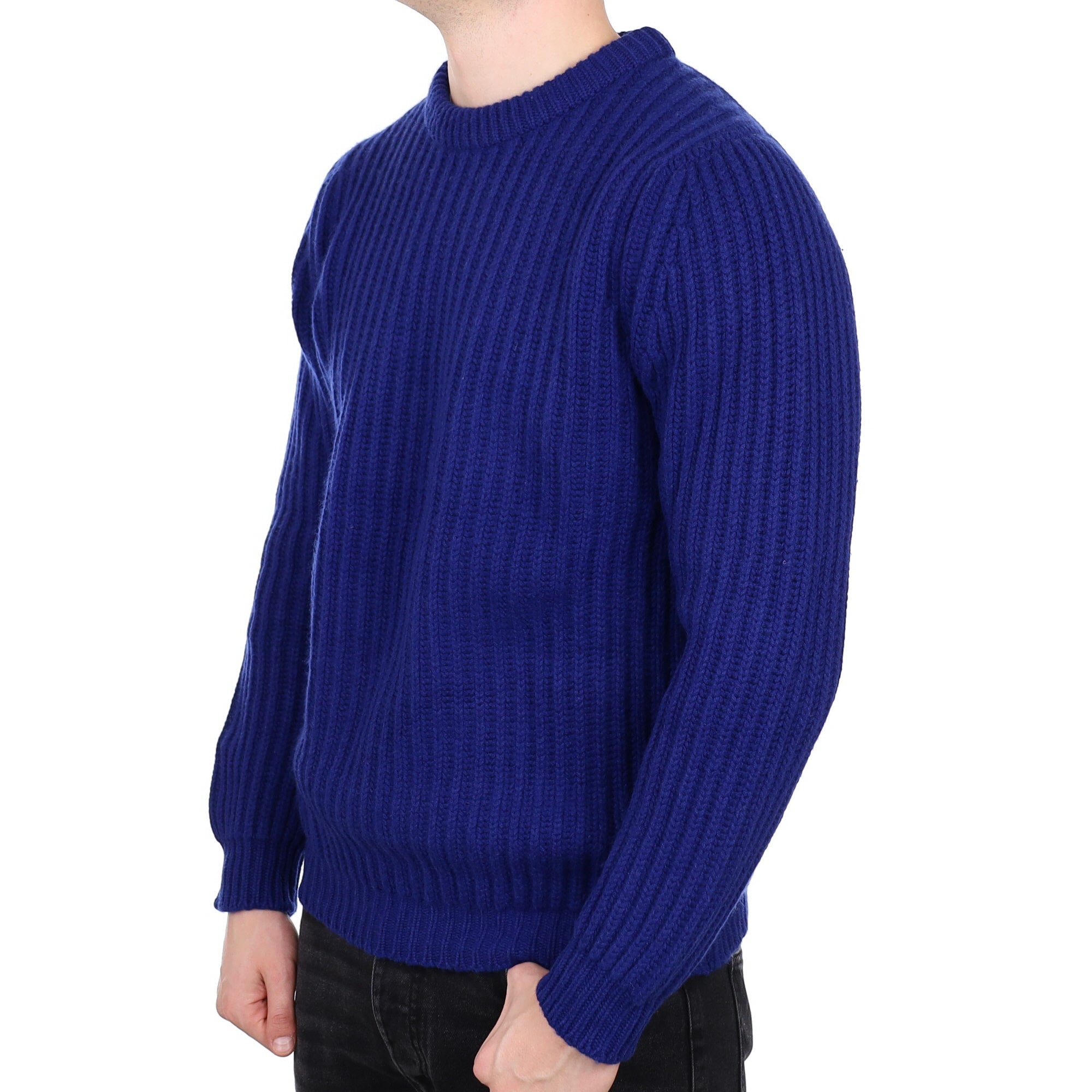 Men's Begg & Co Scottish Royal Blue Ribbed Cashmere Crew Neck Jumper XL