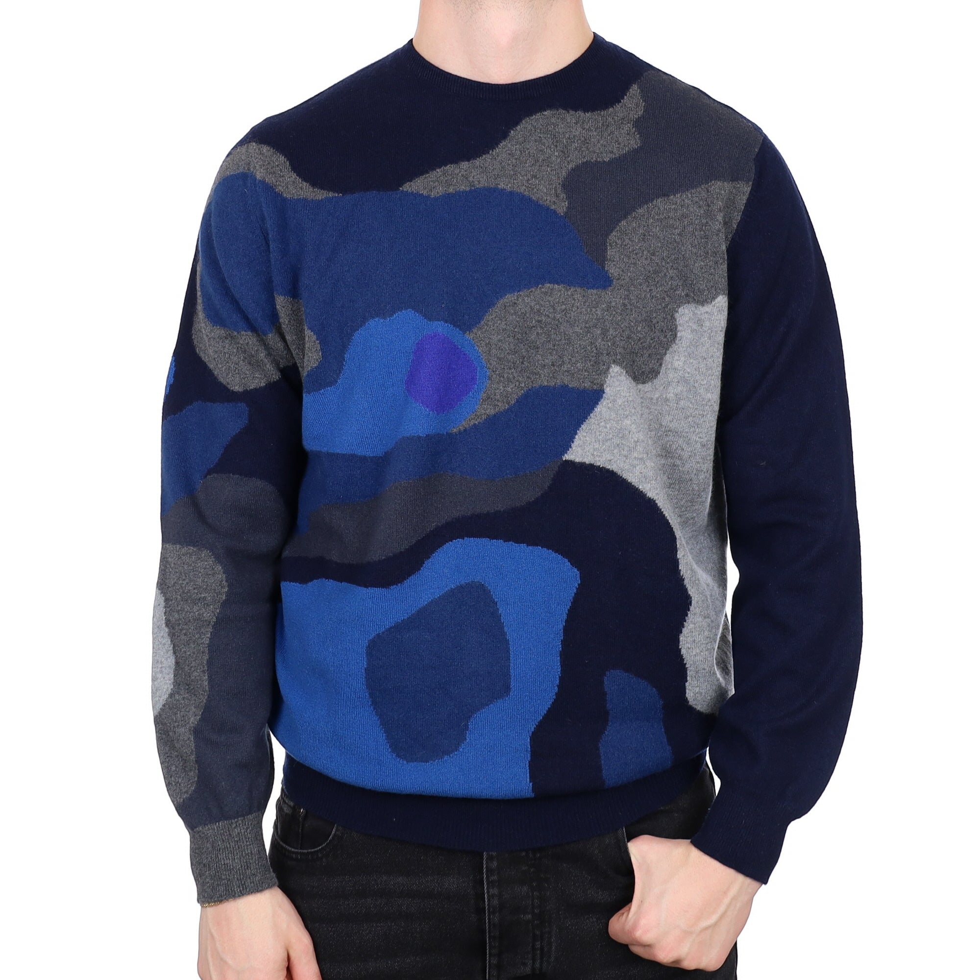 Men's Begg & Co Blue Patterned Cashmere Crew Neck Jumper XXL