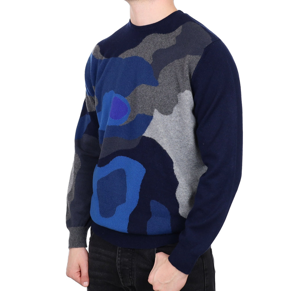 Men's Begg & Co Blue Patterned Cashmere Crew Neck Jumper XXL