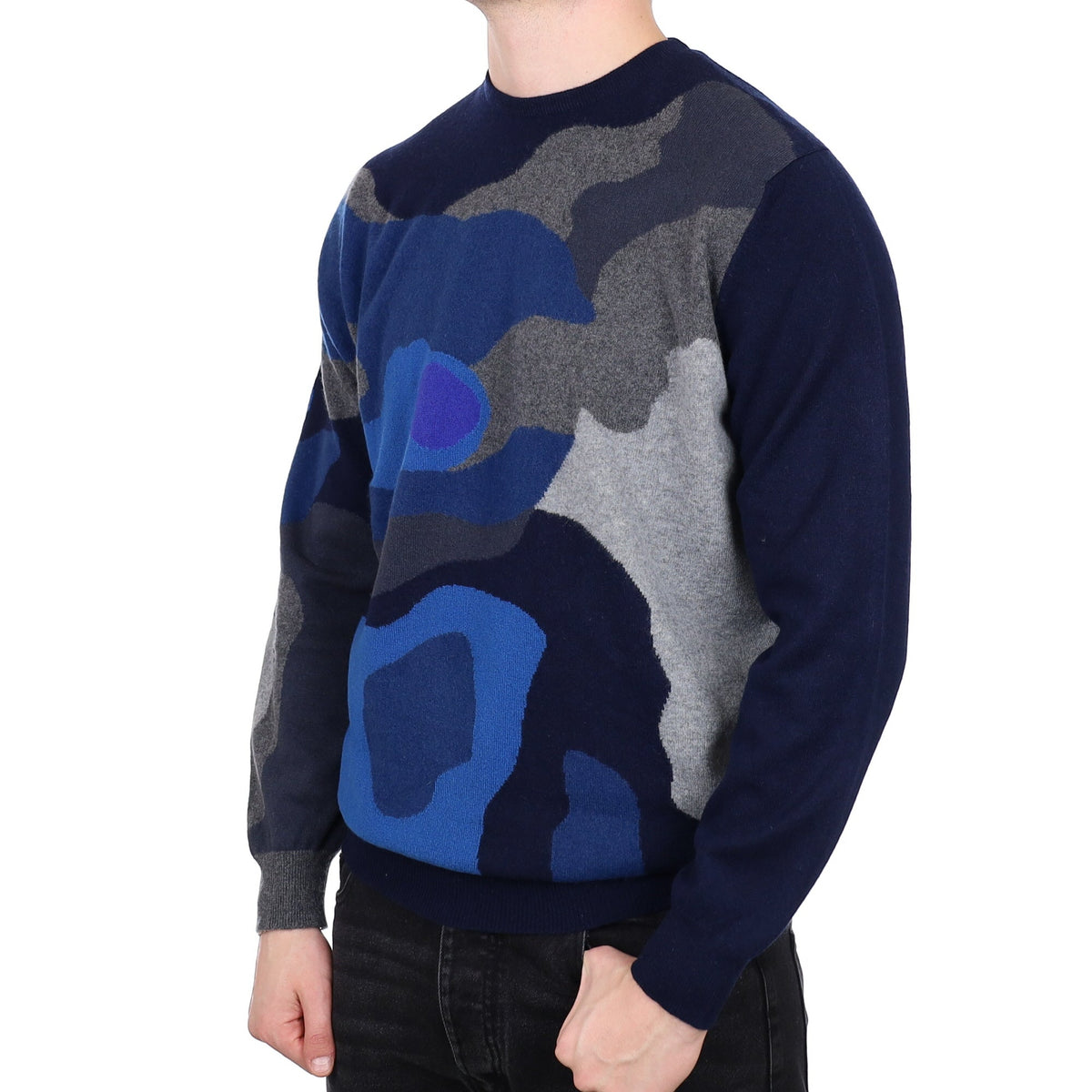 Men's Begg & Co Blue Patterned Cashmere Crew Neck Jumper XXL