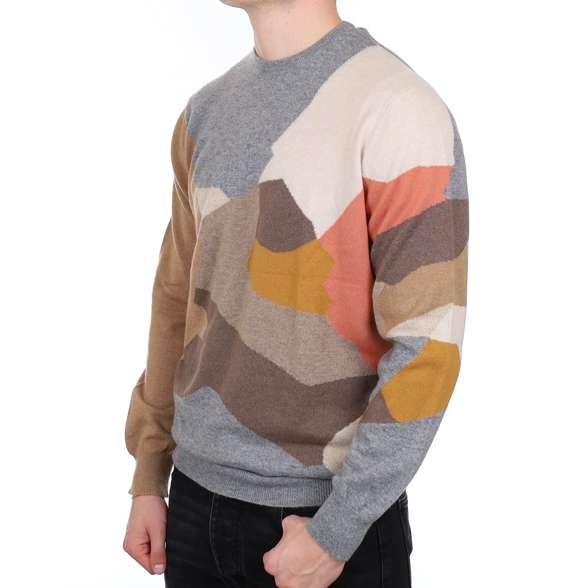 Men's Begg & Co Scottish Smoke Grey Pattern Cashmere V Neck Jumper XXL