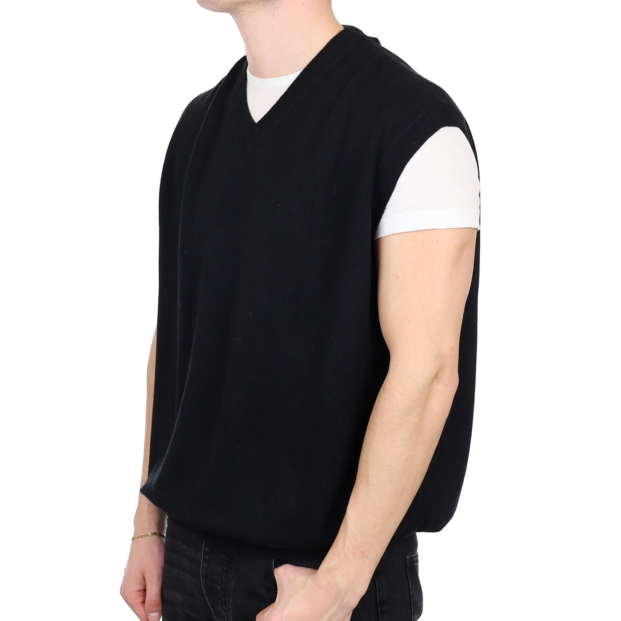 Men's Black Cashmere V Neck Tank Top 3XL
