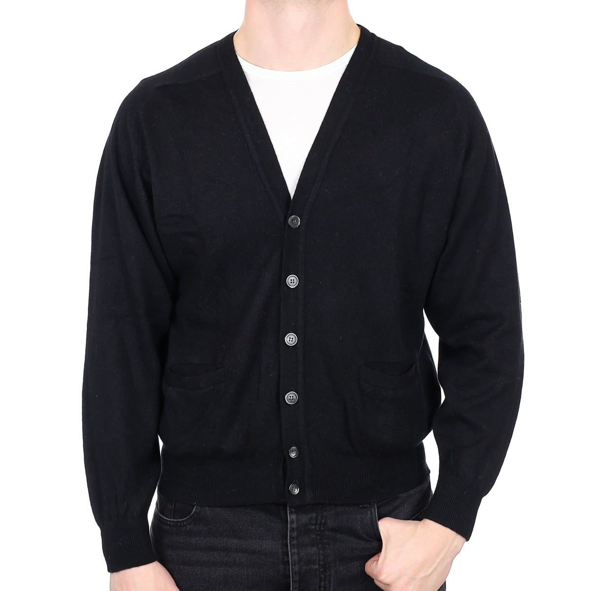 Men's Black Cashmere V Neck Cardigan With Pocket's XL