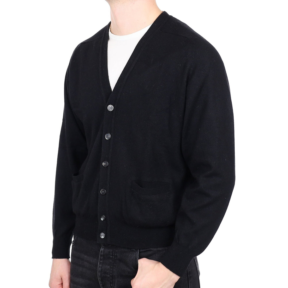 Men's Black Cashmere V Neck Cardigan With Pocket's XL
