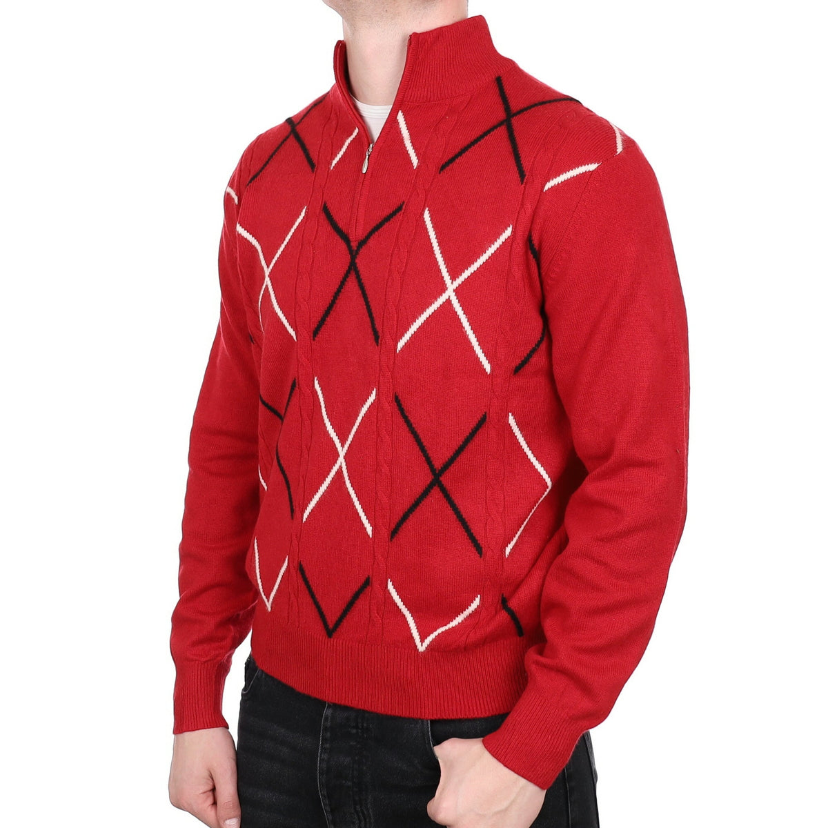 Men's Post Box Red Patterned Cashmere Zip Up Cardigan Crew Neck Jumper XL