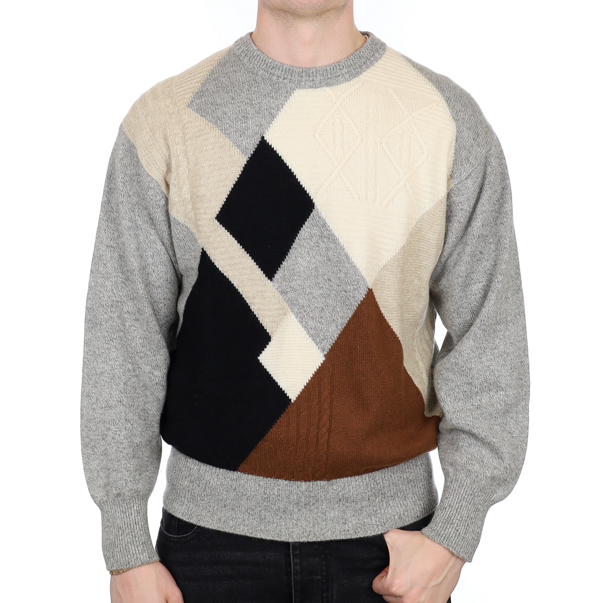 Men's Grey Patterned Cashmere Crew Neck Jumper XL
