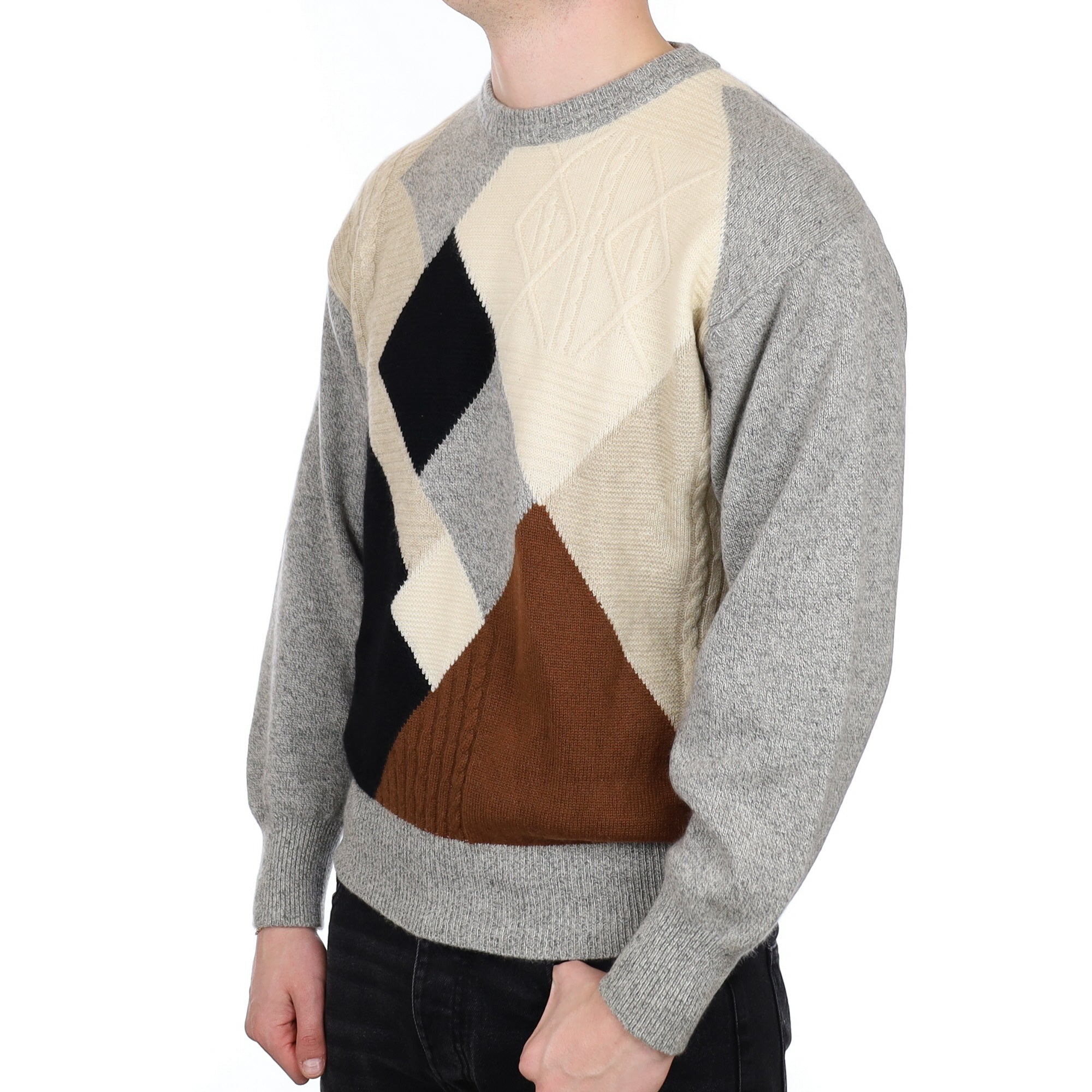 Men's Grey Patterned Cashmere Crew Neck Jumper XL