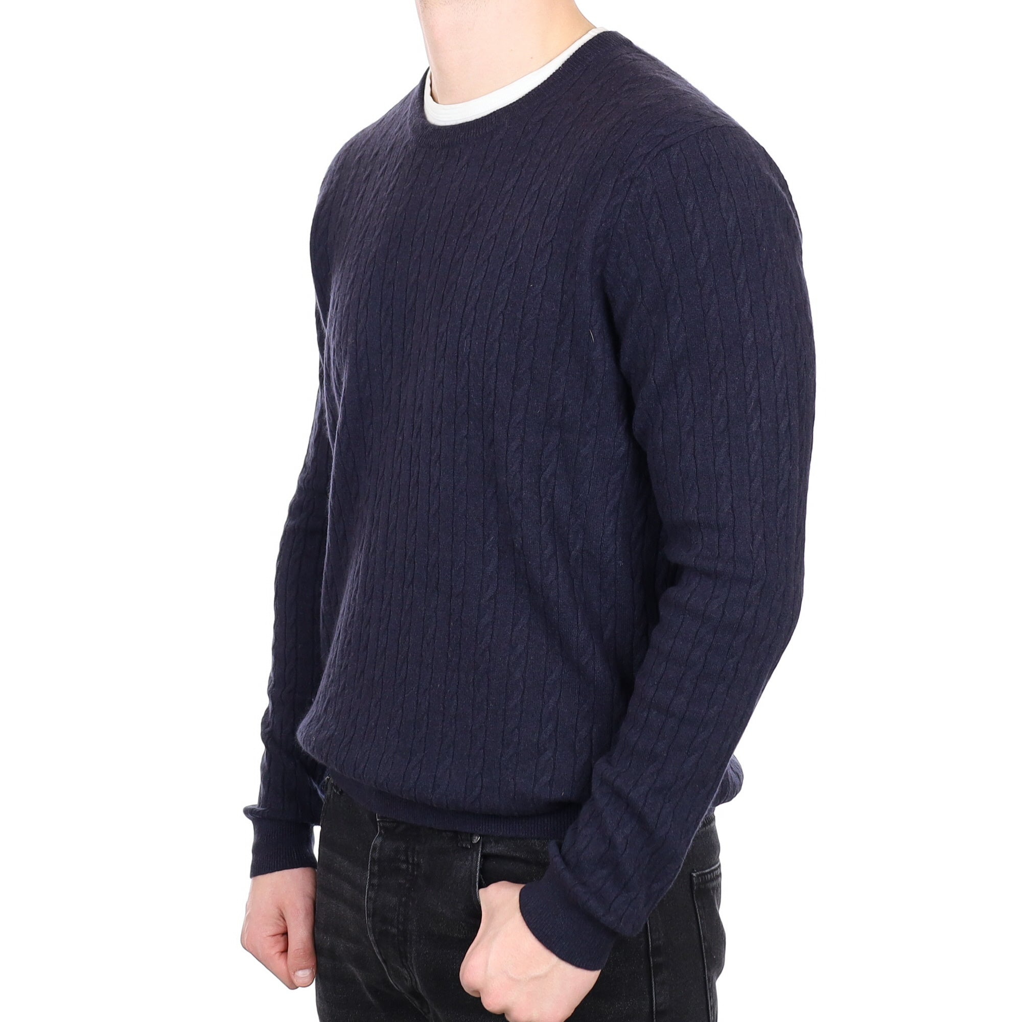 Men's Navy Cable Cashmere Crew Neck Jumper XL