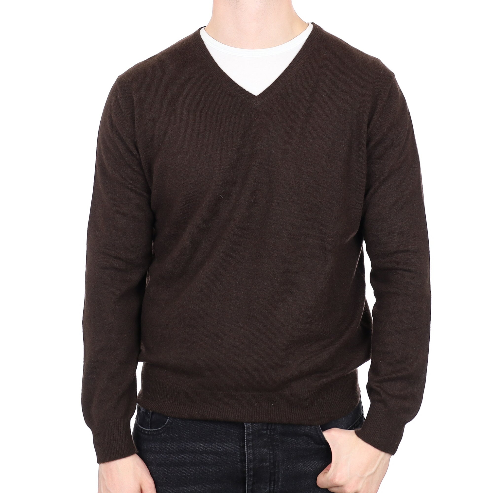 Men's Chocolate Brown Cashmere V Neck Jumper XL