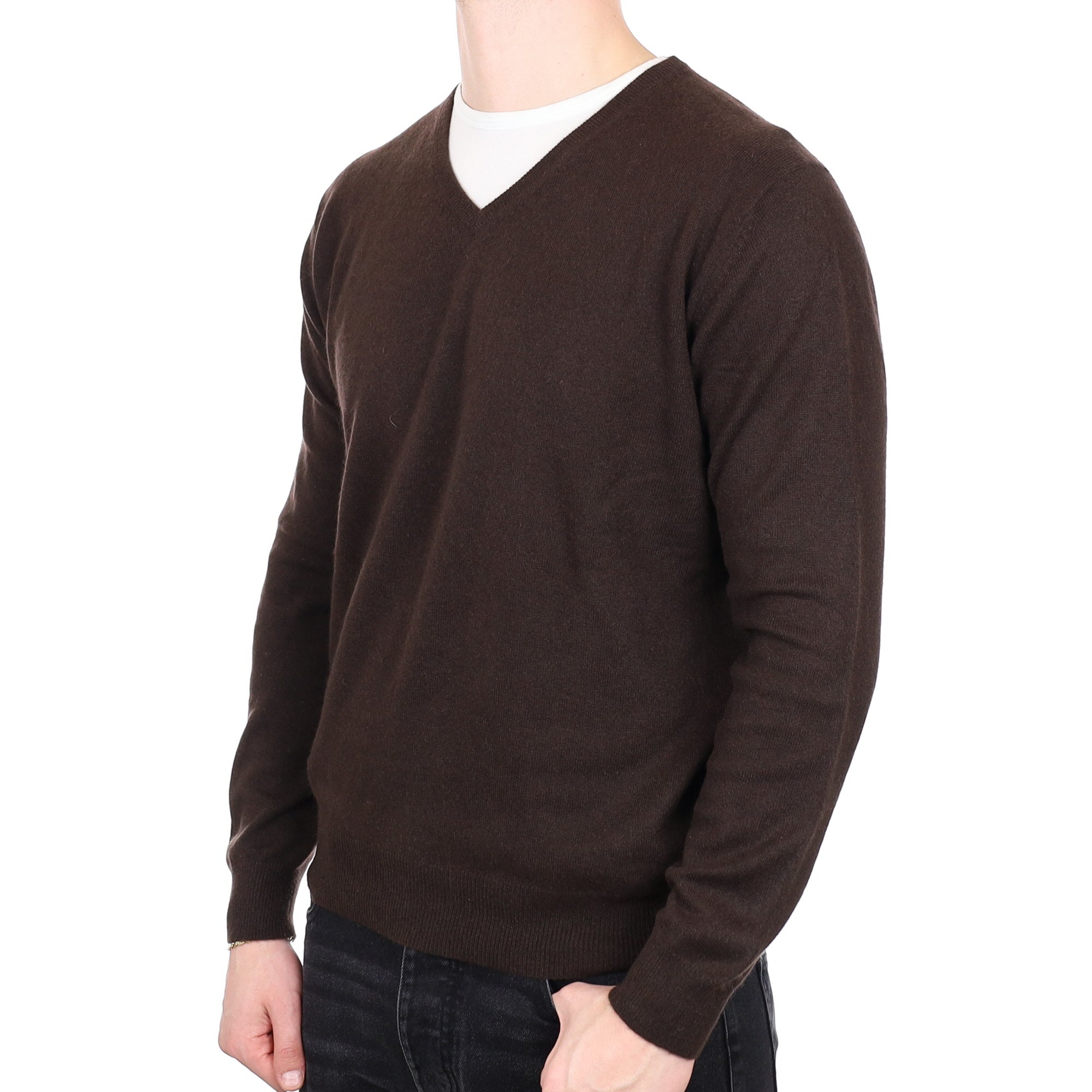 Men's Chocolate Brown Cashmere V Neck Jumper XL