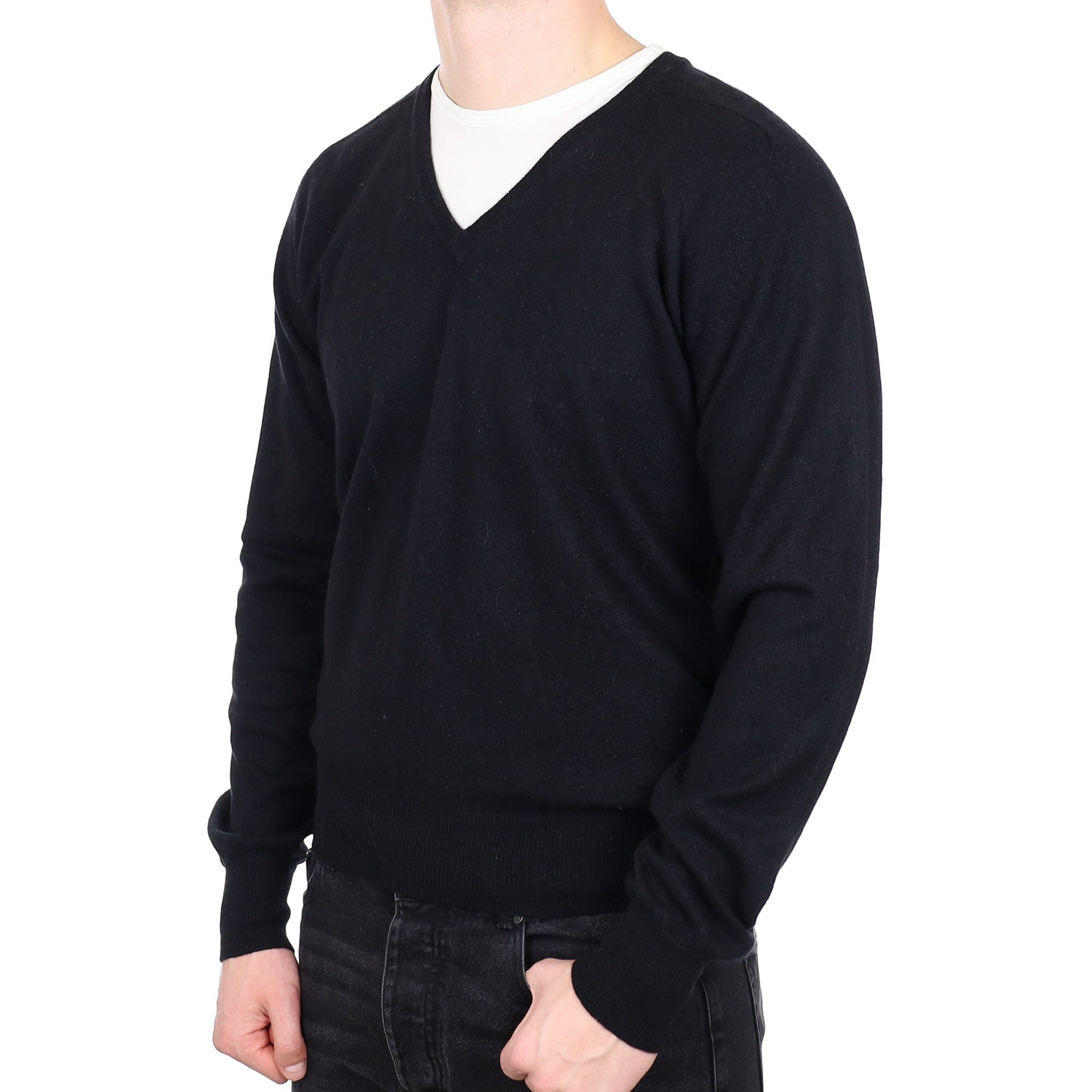 Men's Black Cashmere V Neck Jumper XL