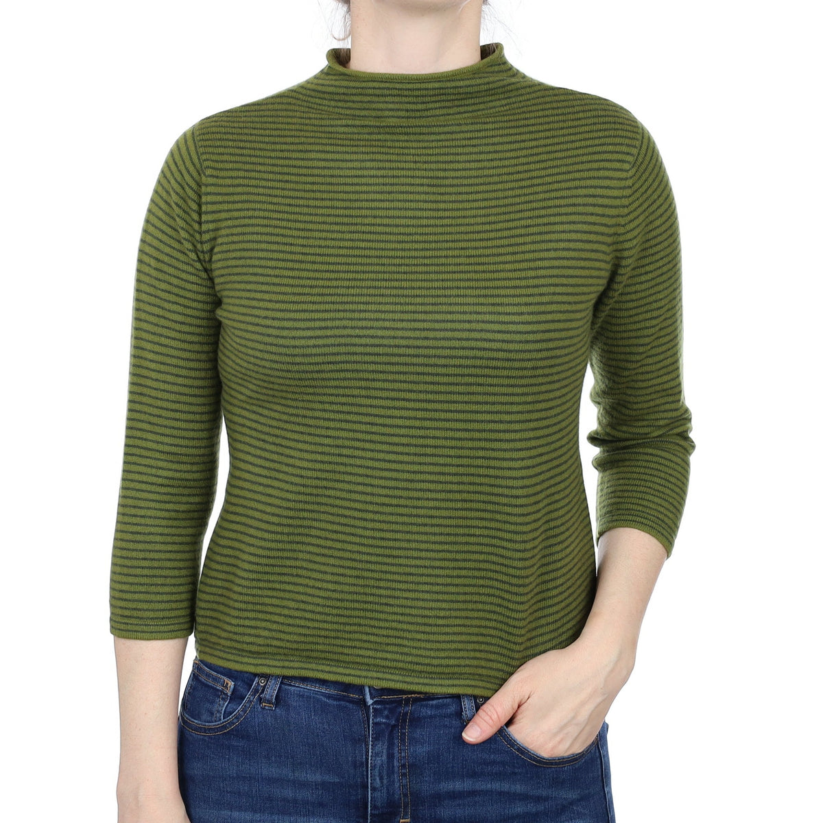 Green Striped Cashmere 3/4 Sleeve Funnel Neck Jumper Small