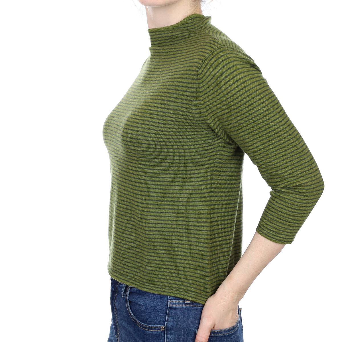 Green Striped Cashmere 3/4 Sleeve Funnel Neck Jumper Small