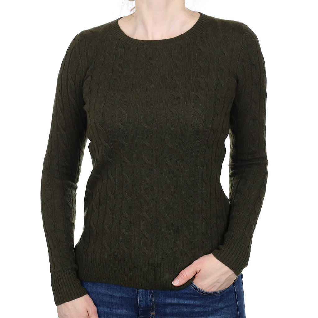 Khaki Green Cable Cashmere Crew Neck Jumper Small