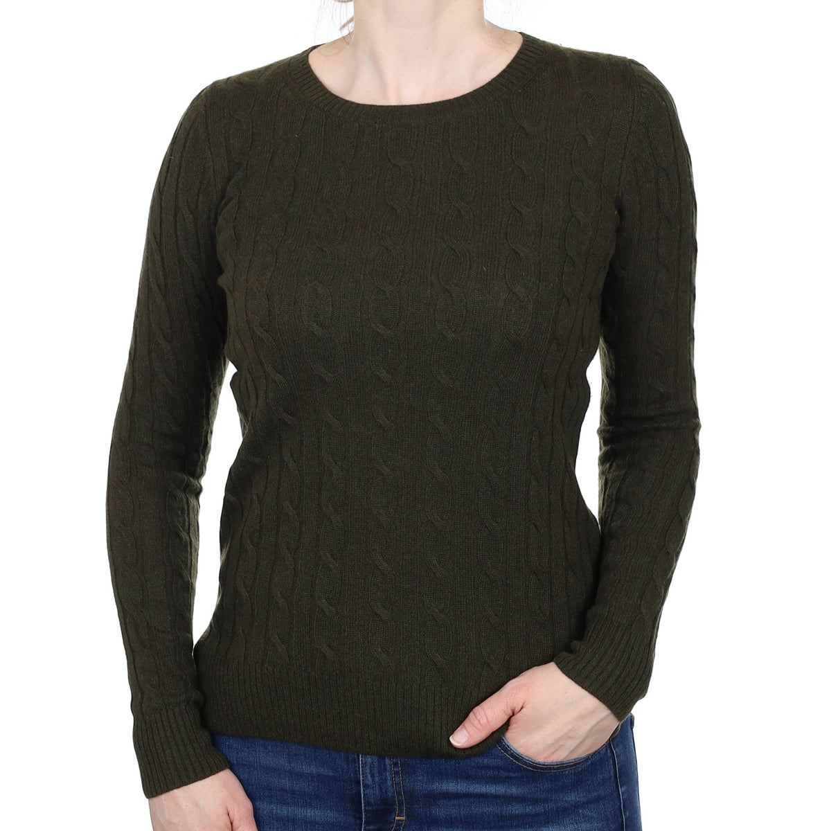 Khaki Green Cable Cashmere Crew Neck Jumper Small