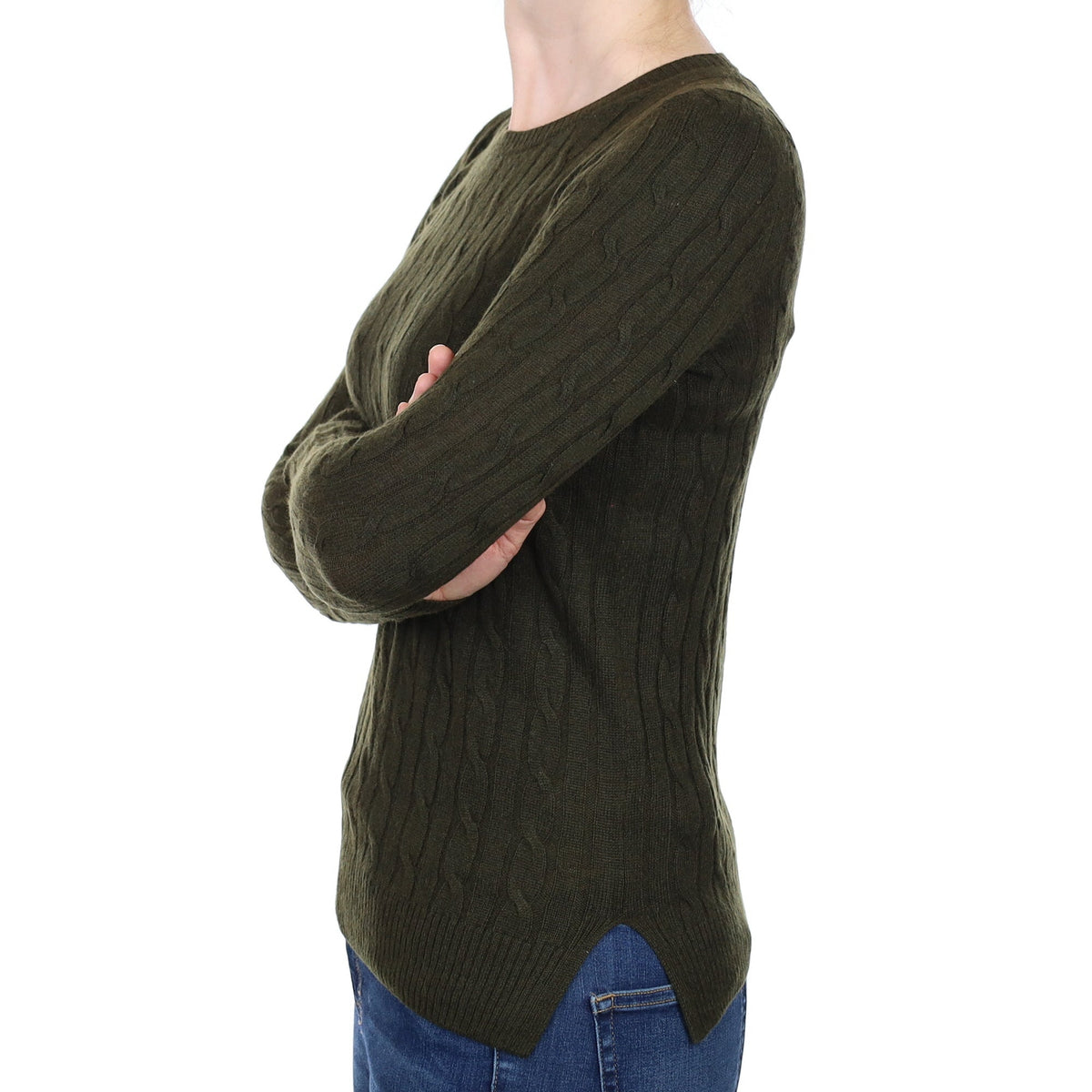 Khaki Green Cable Cashmere Crew Neck Jumper Small
