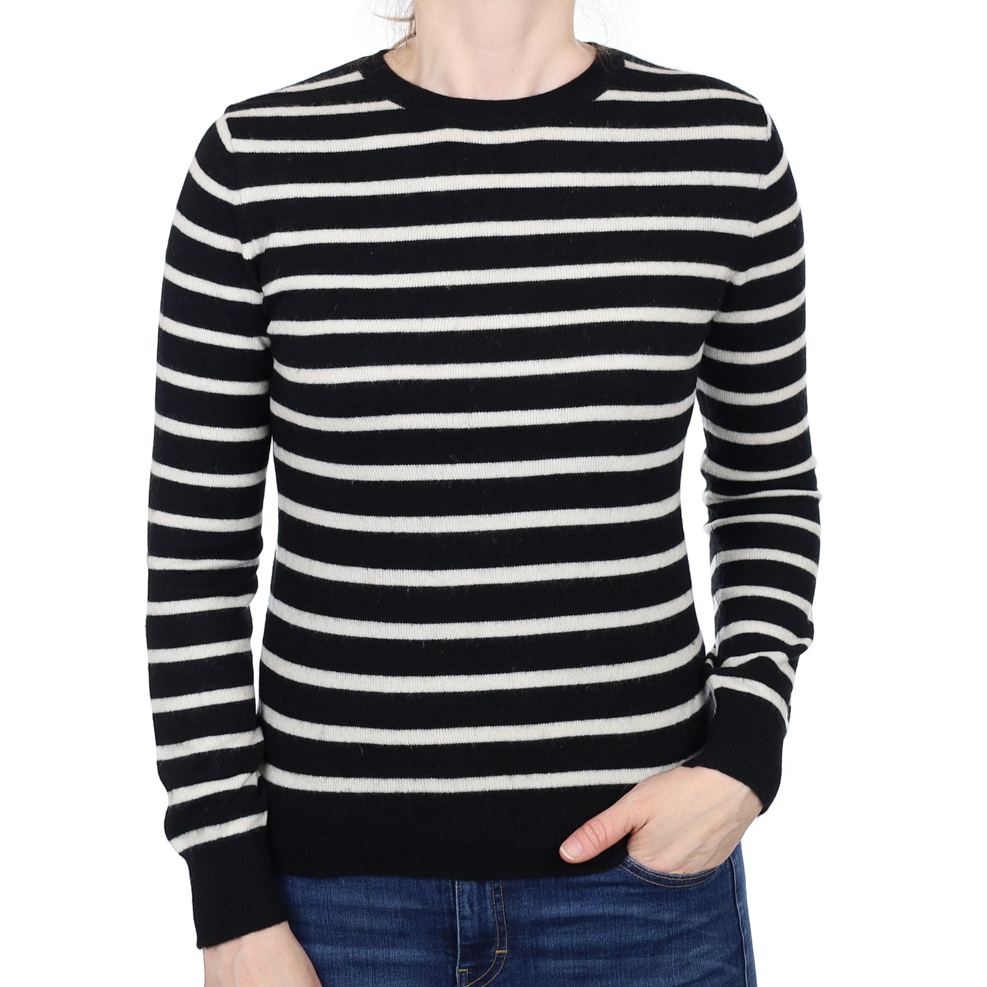 Black Striped Cashmere Crew Neck Jumper Small