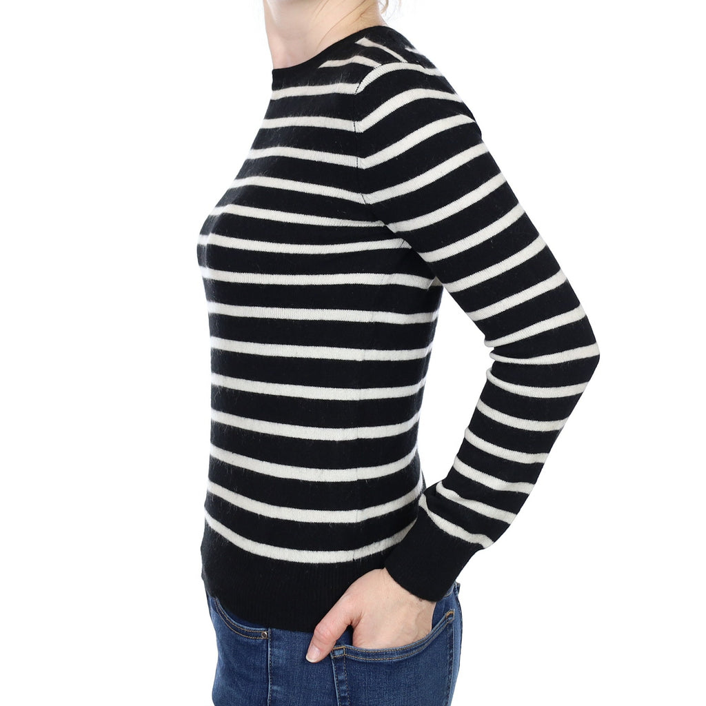Black Striped Cashmere Crew Neck Jumper Small
