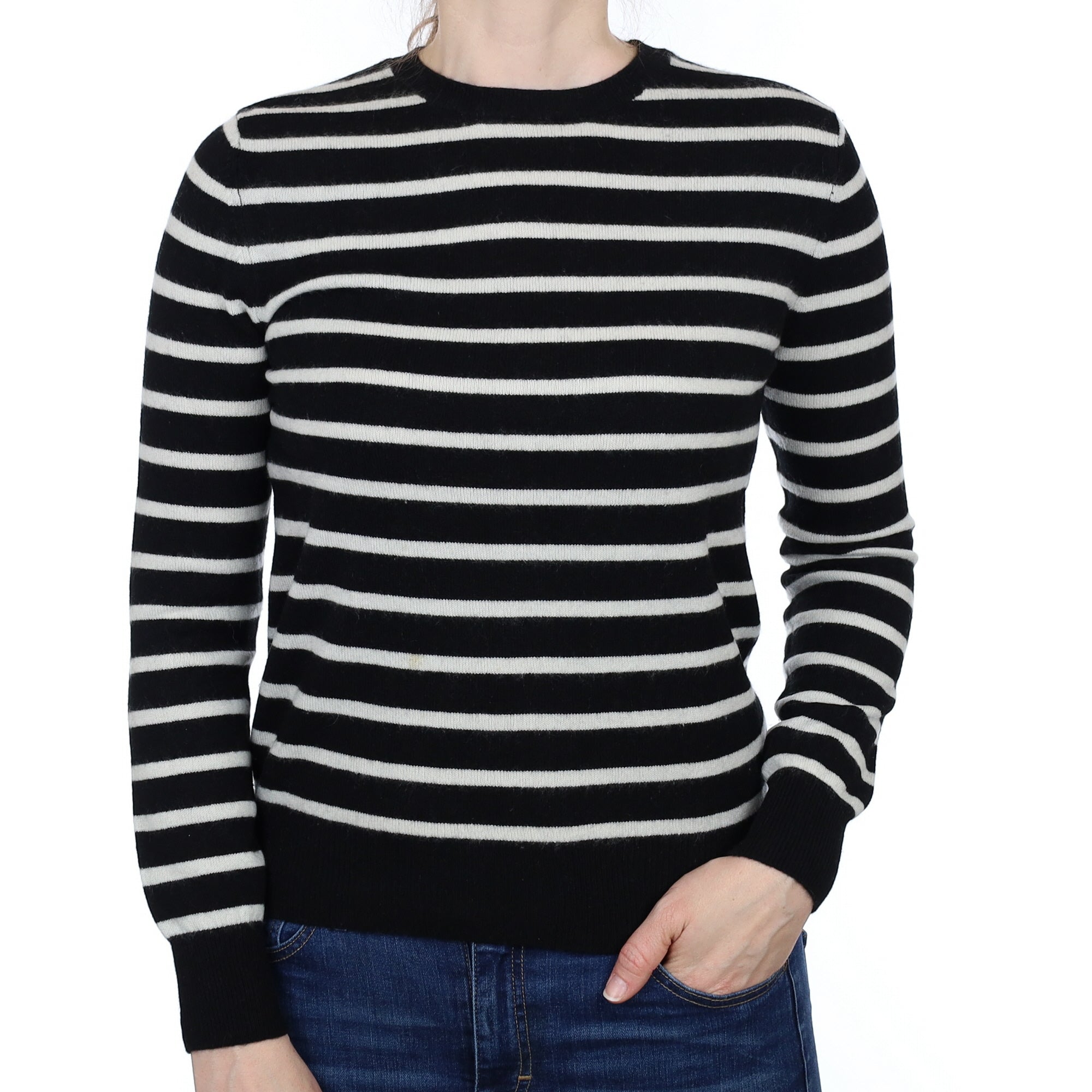 Black Striped Cashmere Crew Neck Jumper Small