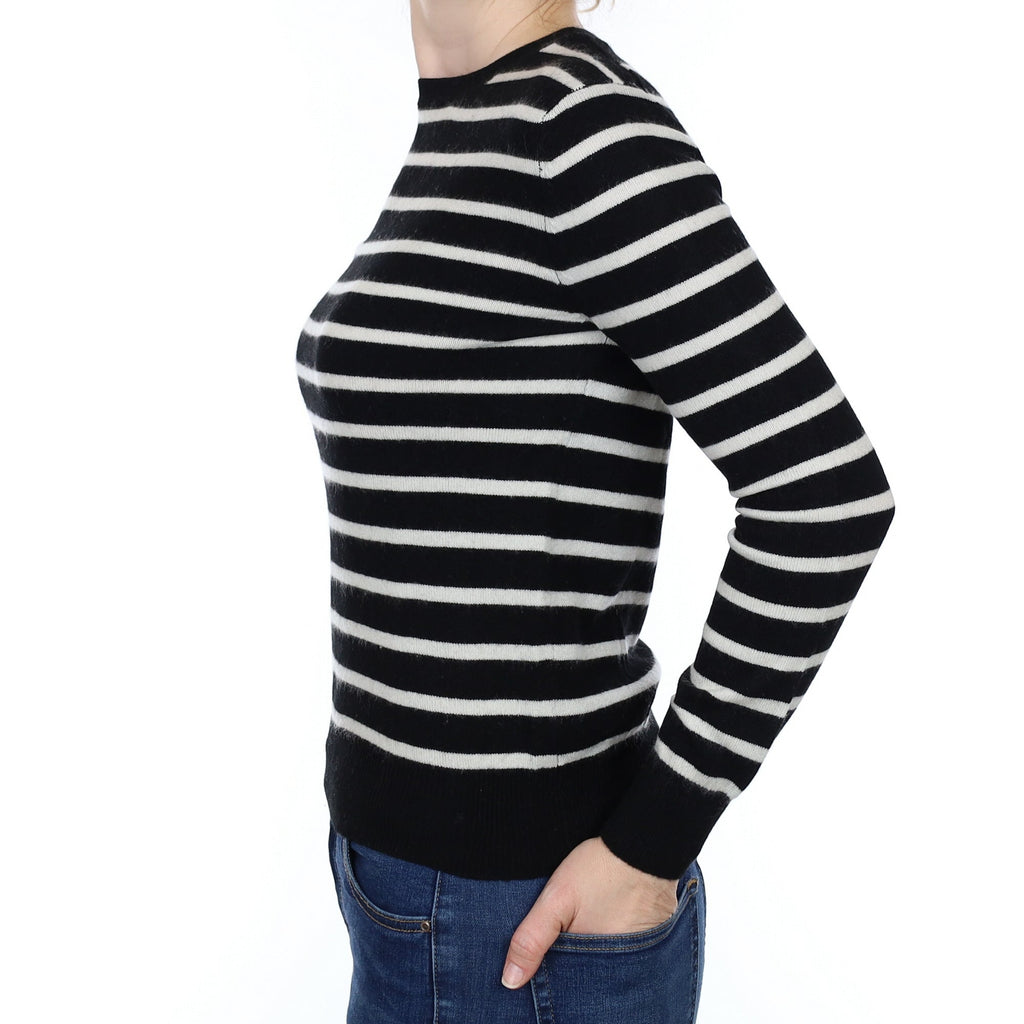 Black Striped Cashmere Crew Neck Jumper Small
