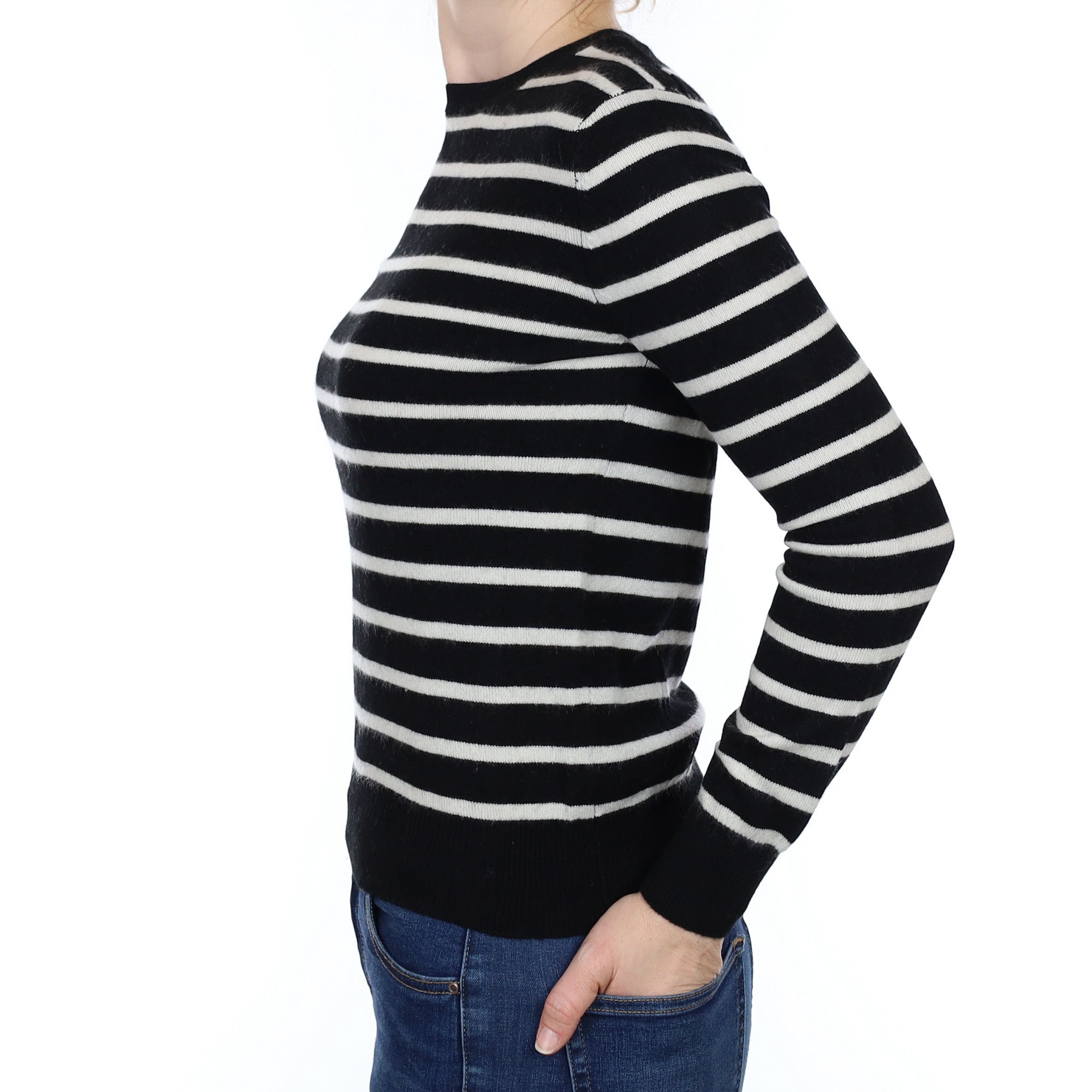 Black Striped Cashmere Crew Neck Jumper Small