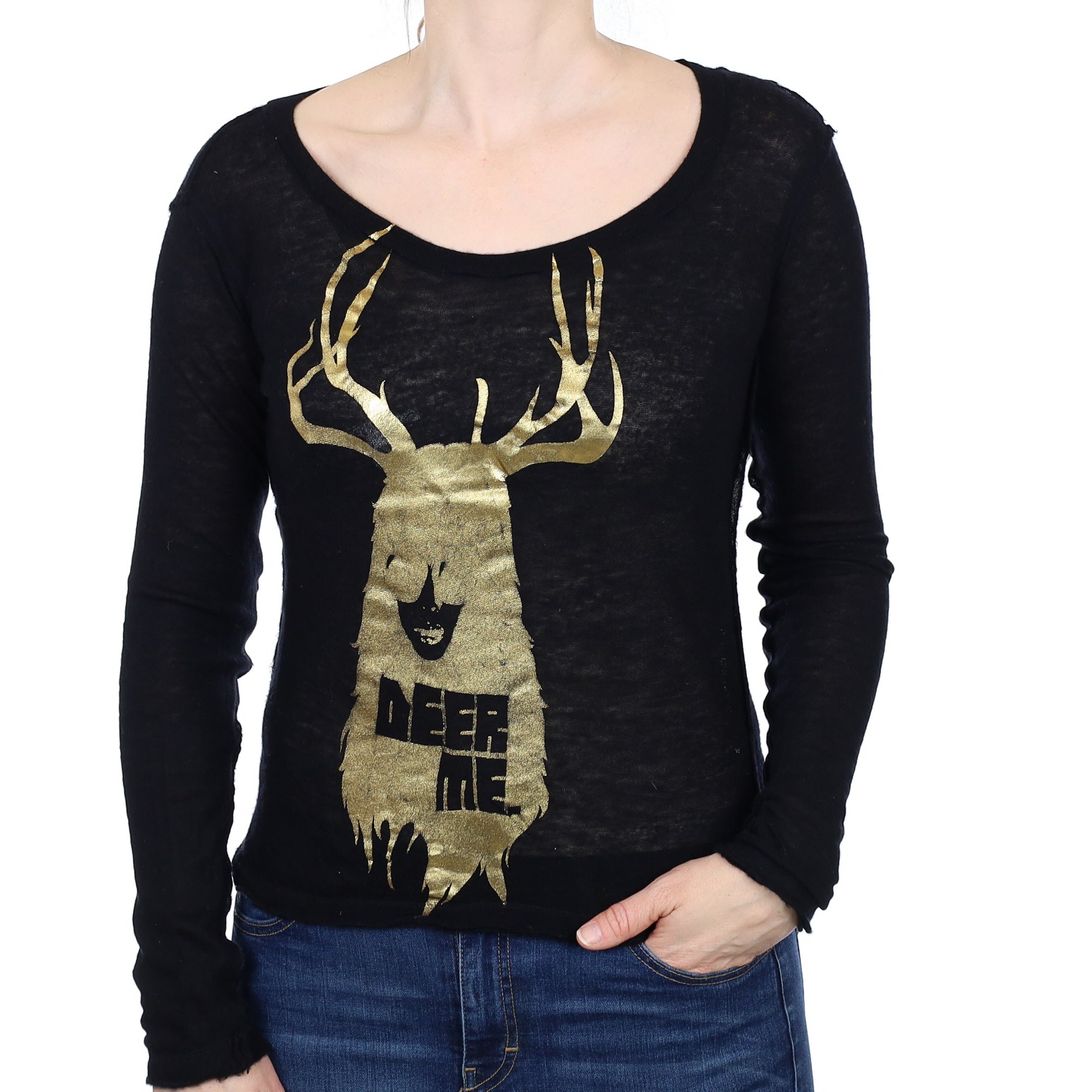 Black Fine knit Cashmere Crew Neck Jumper with Gold Deer Print Small