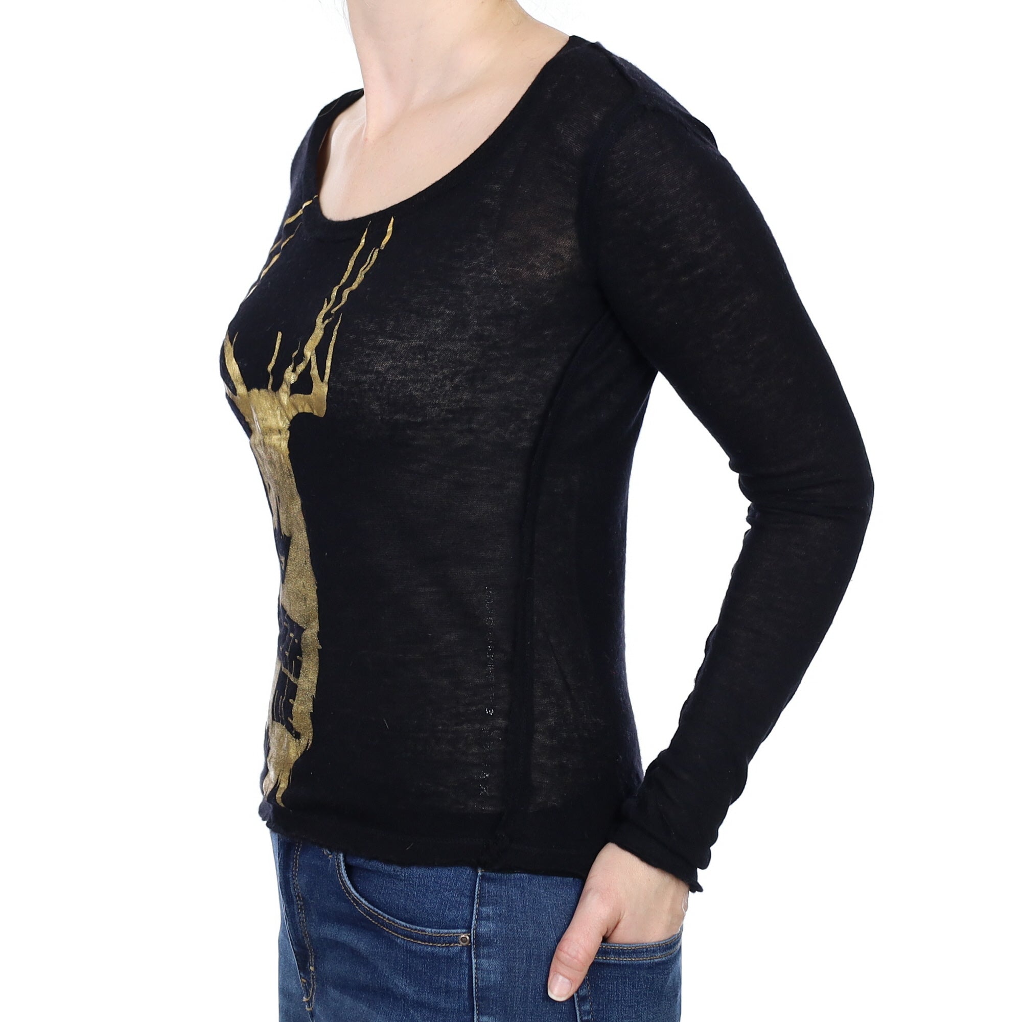 Black Fine knit Cashmere Crew Neck Jumper with Gold Deer Print Small