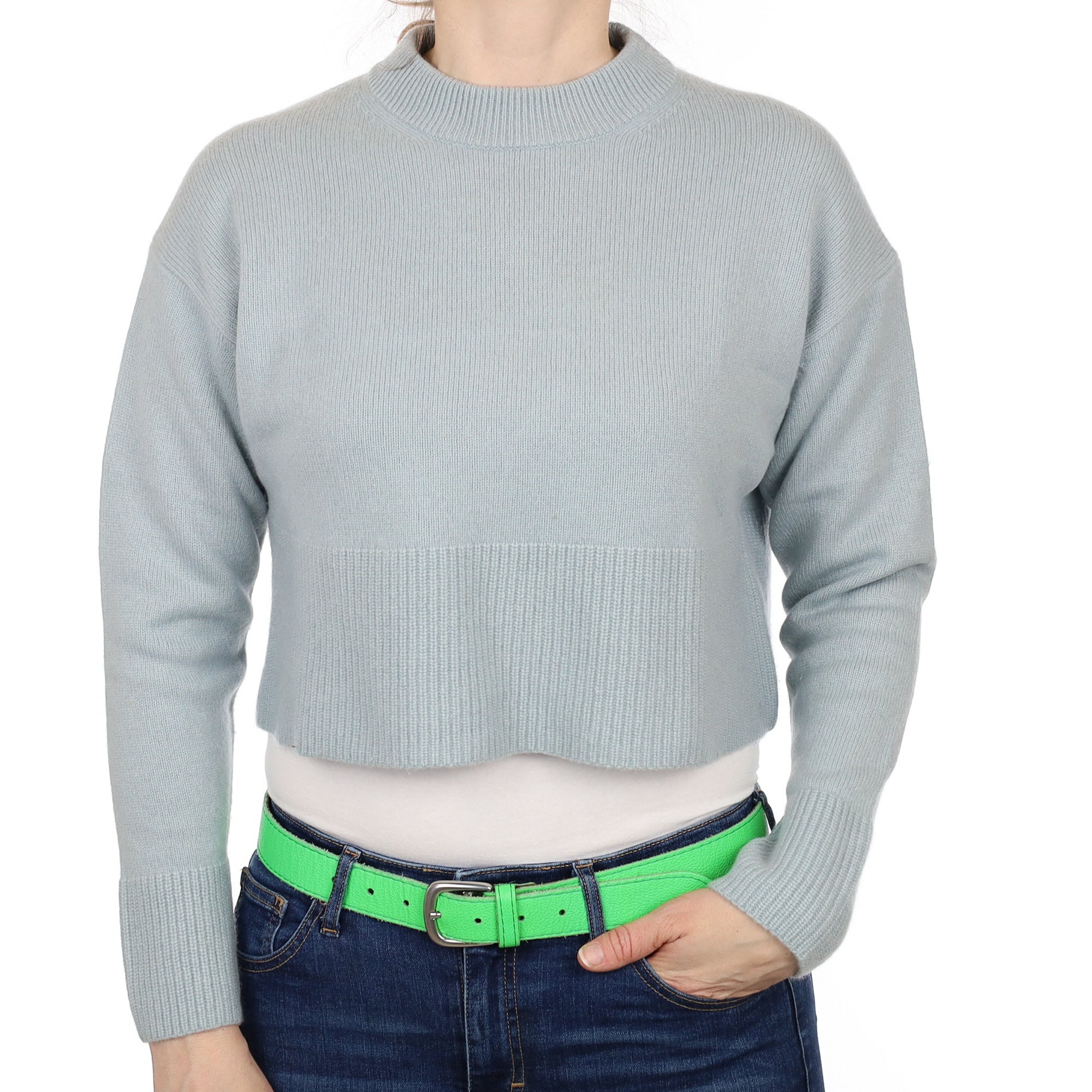 Duck Egg Blue Cashmere Cropped Crew Neck Jumper Small