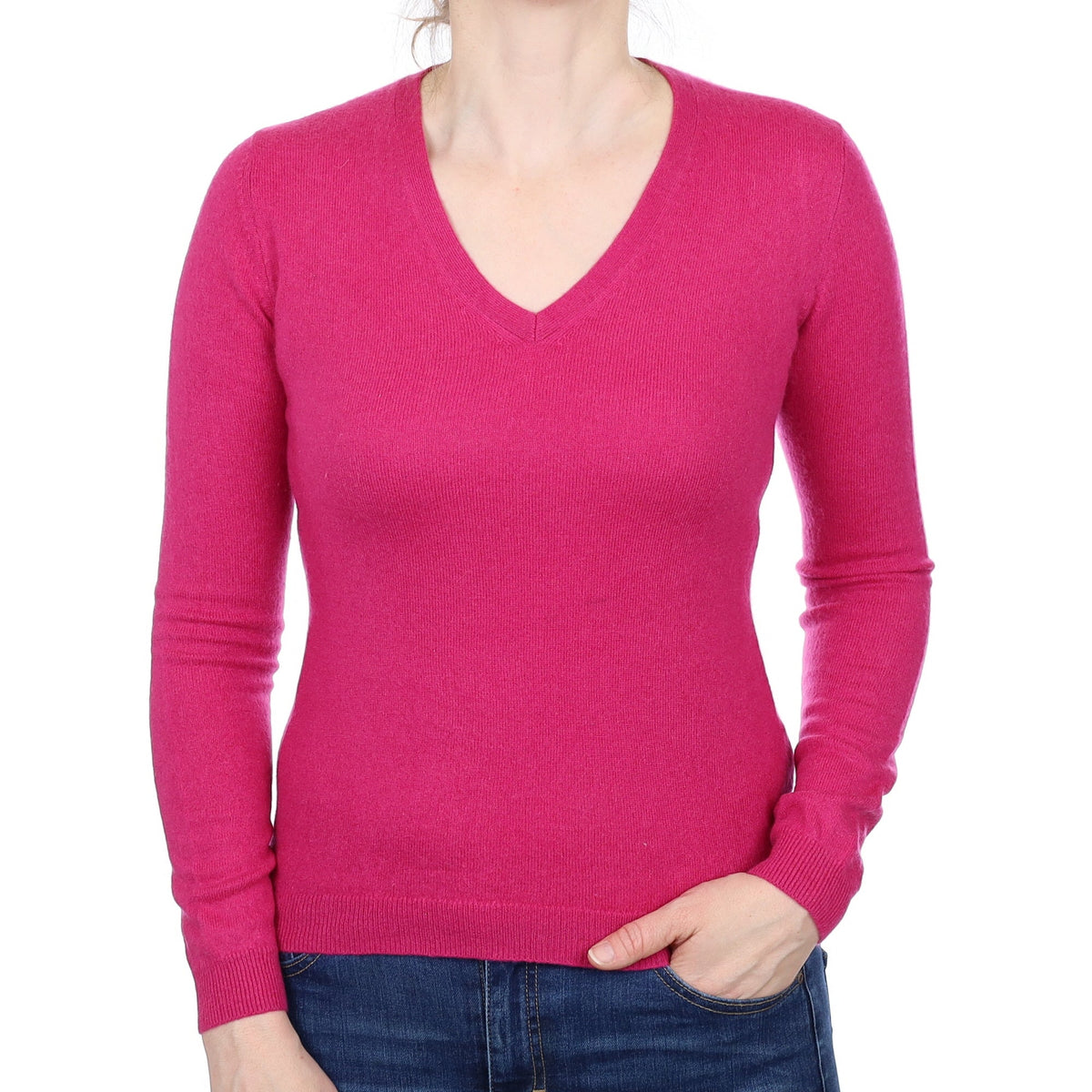 Fuchsia Pink Cashmere V Neck Jumper Small