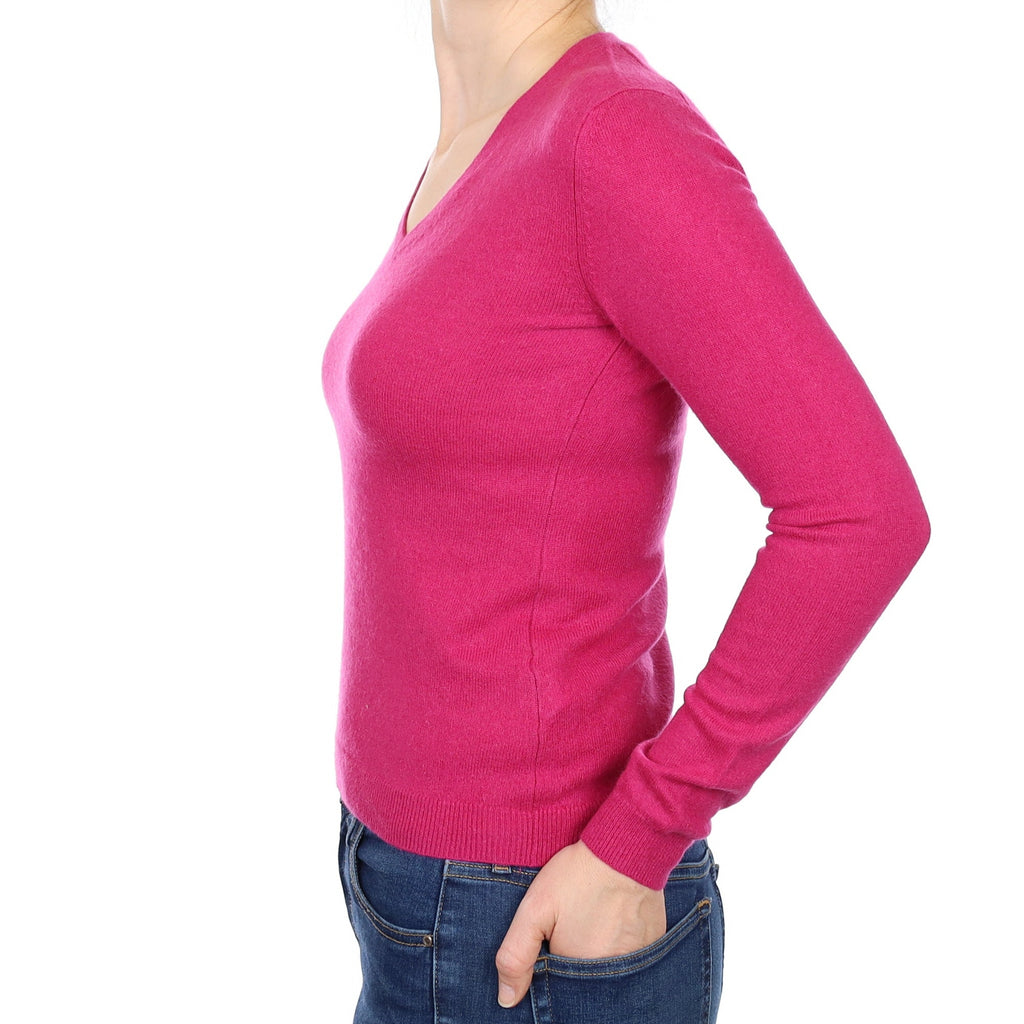 Fuchsia Pink Cashmere V Neck Jumper Small
