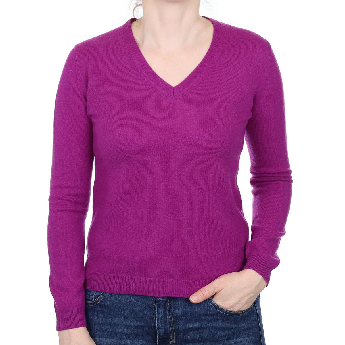 Magenta Purple Cashmere V Neck Jumper Small