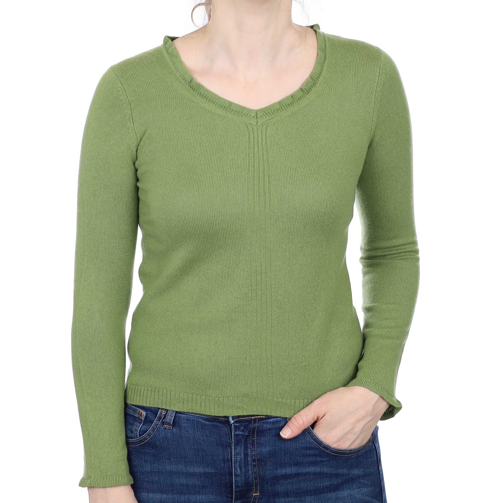 Olive Green Cashmere V Neck Jumper Small