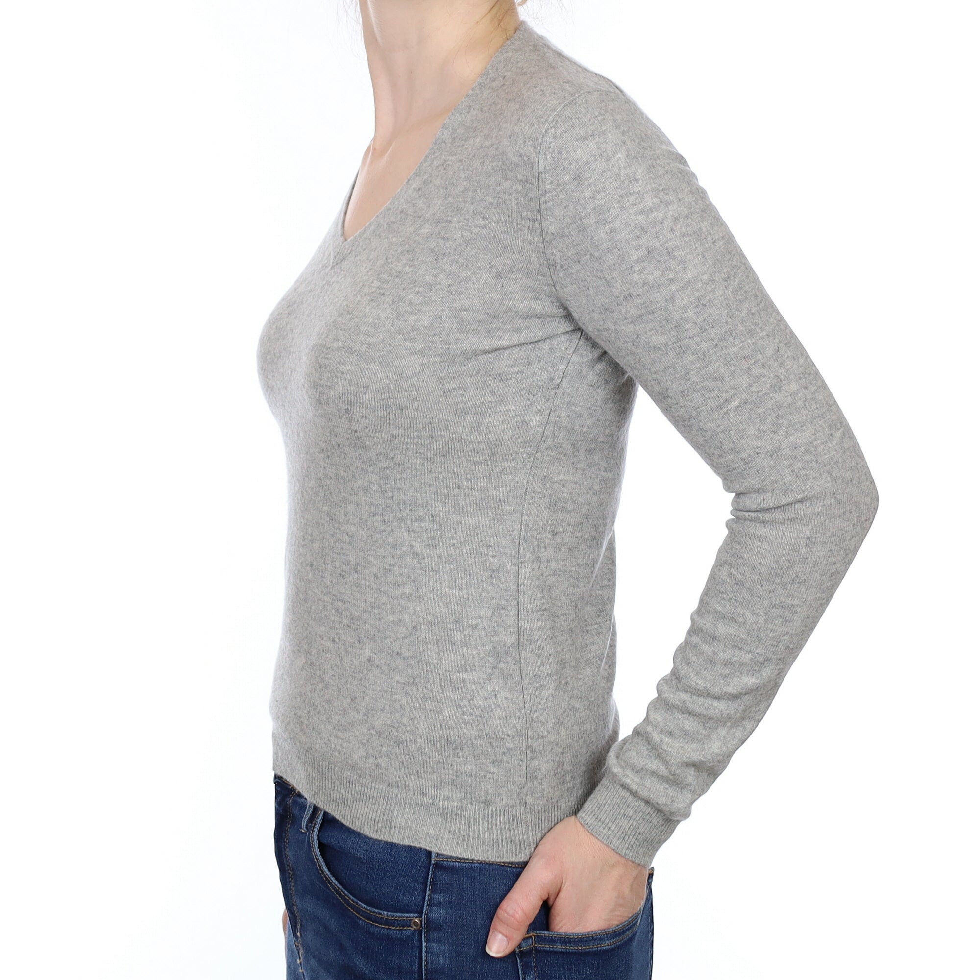 Smoke Grey Cashmere V Neck Jumper Small